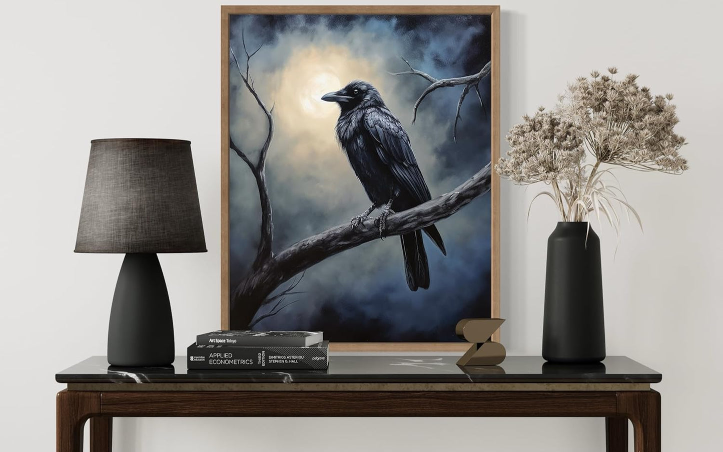 Crow under the Moonlight Poster Art Print, Halloween Scary Vintage Wall Art Academia Spooky Painting Decoration for Horror Prints, Gothic Posters Bedroom Decor 89 (Crow under the Moonlight, 8 x 10 inches, Wood Frame)