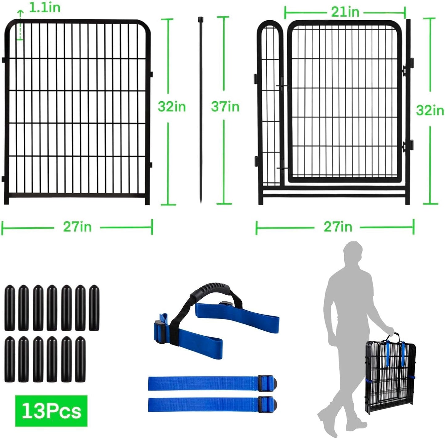 32 in(H) Dog Fence Outdoor For Yard, 21 in Wide Low Threshold Gate, 12 Panels Total 26.6 Ft(L) Fencing For Garden Beds, Animal Barrier Fence, Dog Pen Indoor or Outdoor,Landscape Fence Border