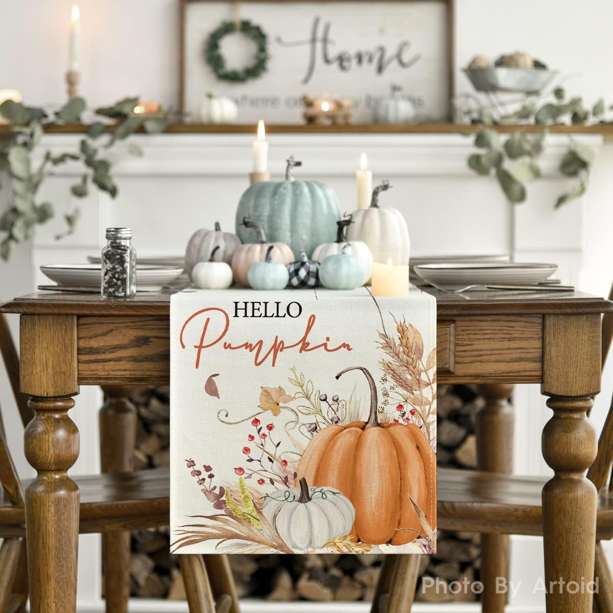 Artoid Mode Hello Pumpkin Leaves Fall Table Runner, Seasonal Autumn Kitchen Dining Table Decoration for Home Party Decor 13x60 Inch