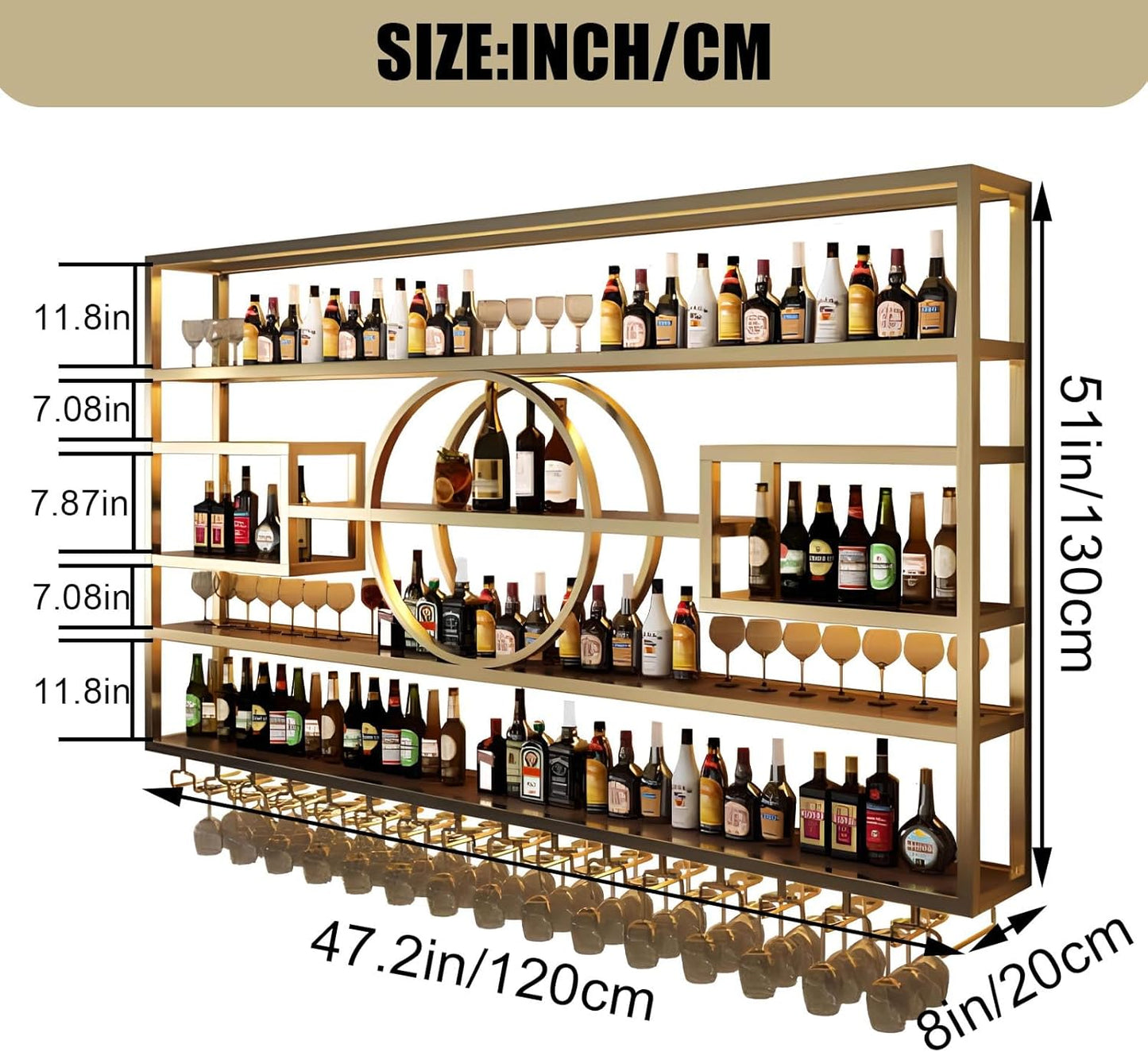 47.2in Wall Mounted Wine Rack, Modern Metal Wine Bottle and Glass Holder, Iron Display Stand Decorative Wine Rack, for Bar Living Room Dining Room Background (Gold, 47.2 * 8 * 51INCHES)