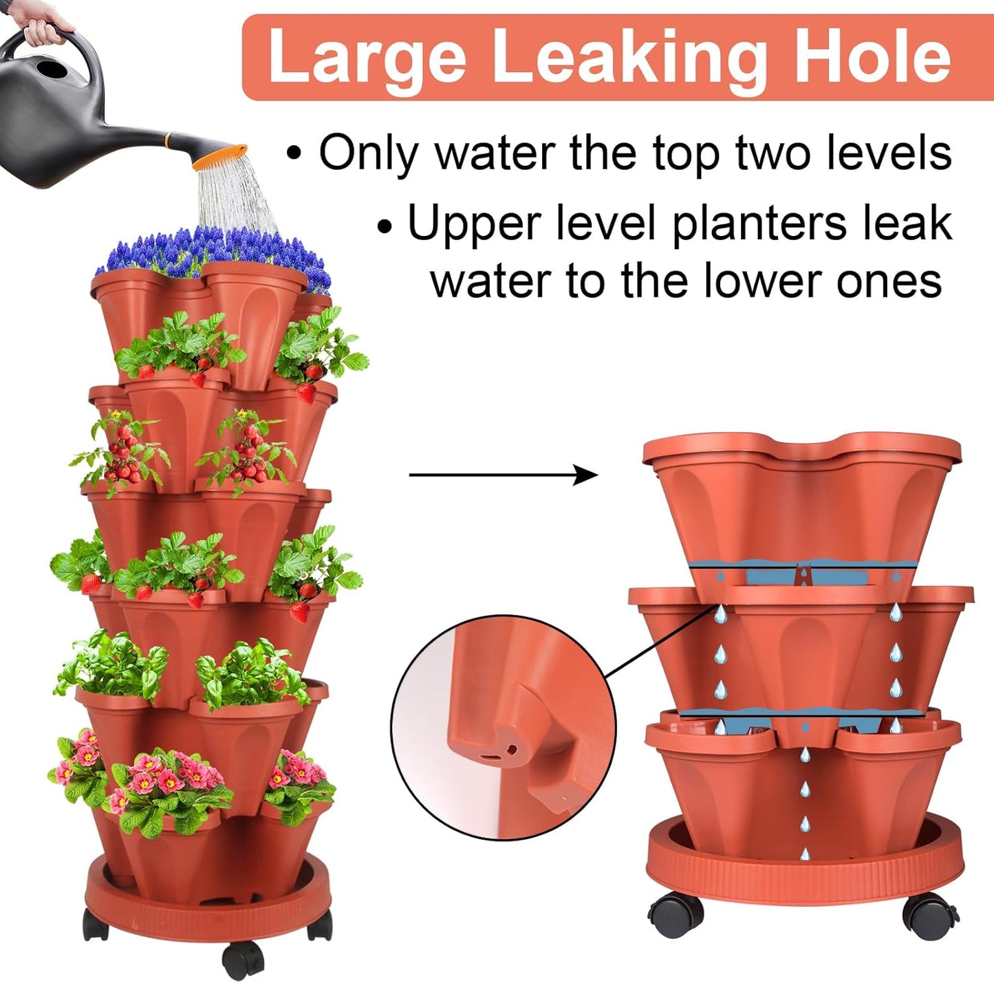 DUNCHATY Stackable Planters 6 Tier Vertical Garden Planting Tower Planters Strawberry, Herb, Flower, and Vegetable Planter Indoor Outdoor Gardening Pots with Removable Wheels and Tools