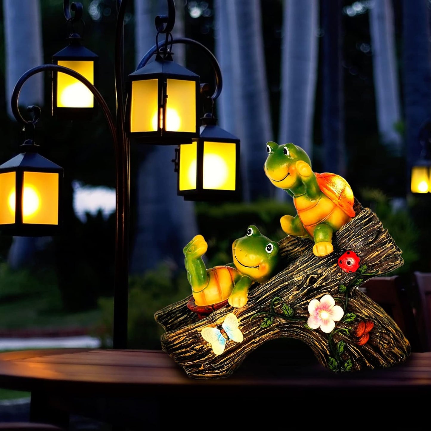 Garden Turtle Figurines Outdoor Decorations, Solar Statue Sweet Frog Face Turtles Decor with 4 LED Lights, Unique Garden Art Resin Statue Gifts for Patio Lawn Porch Yard