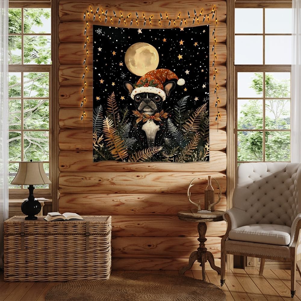 French Bulldog Christmas Tapestry Wall Hanging Cute Dog Santa Hat Moon Pictures Print Pet Lover Gift Funny Christmas Tapestries Aesthetic for Winter Home Nursery Kids Bedroom Decor 30x40inch