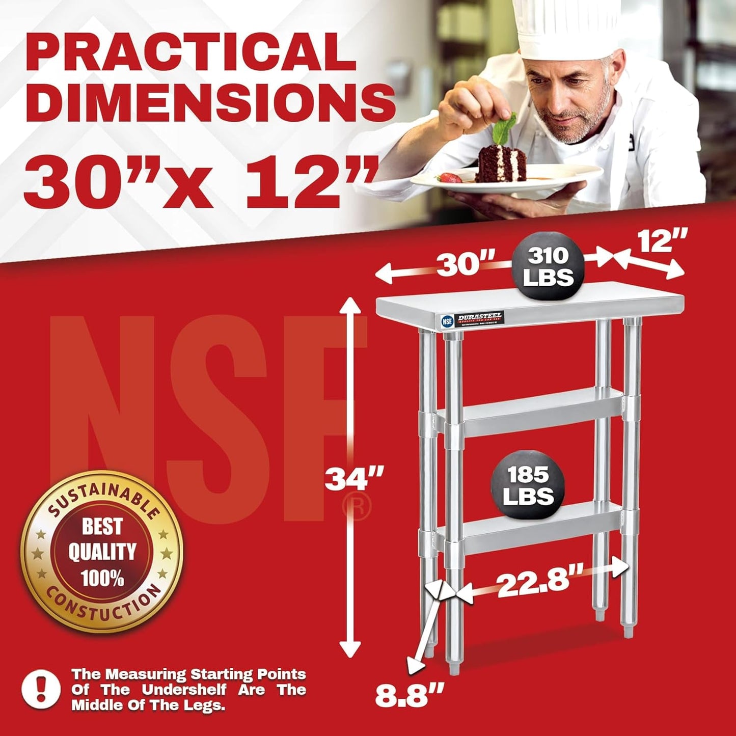 DuraSteel Food Prep Stainless Steel Table - 30 x 12 Inch Commercial Metal Workbench with Adjustable Under Shelf - NSF Certified - for Restaurant, Warehouse, Home, Kitchen, Garage