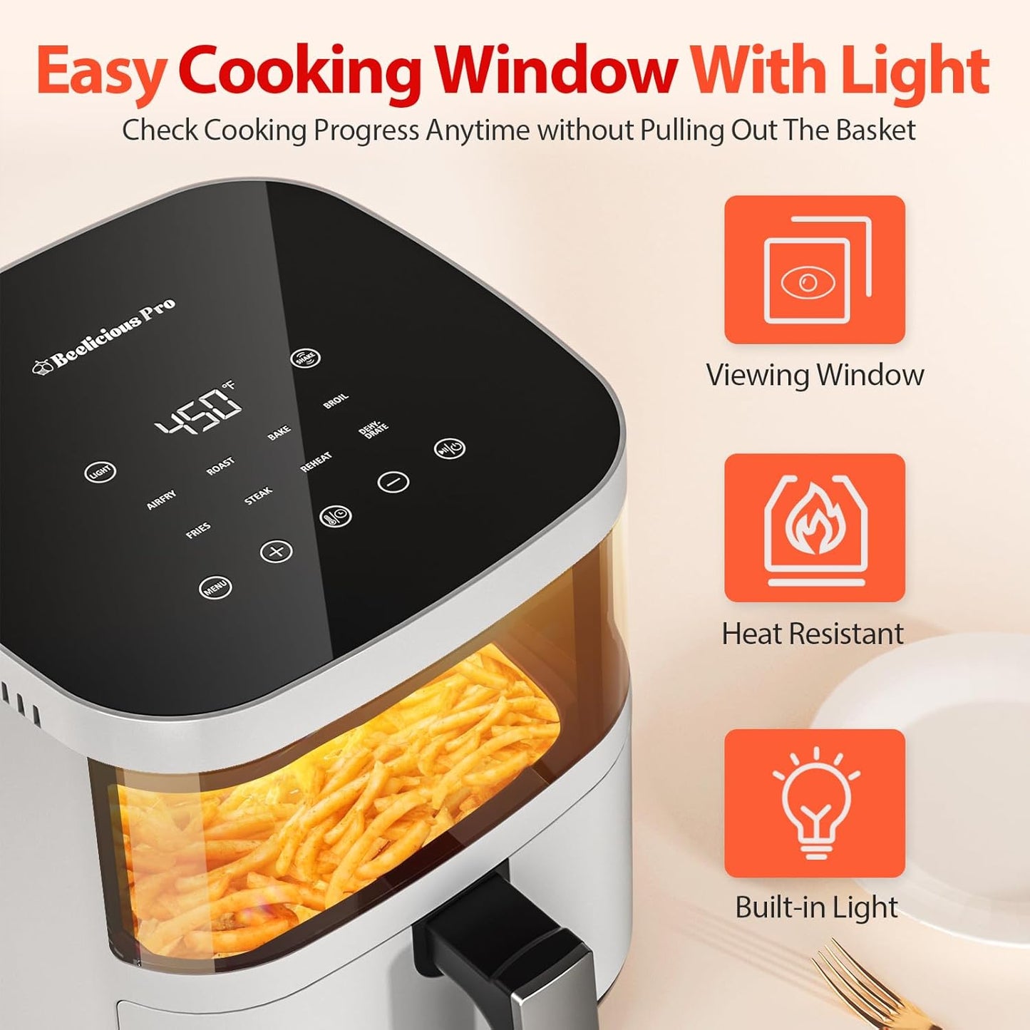 Air Fryer, Beelicious 8-in-1 Smart Compact 4QT Air Fryers, with Viewing Window, Shake Reminder, 450°F Digital Airfryer with Flavor-Lock Tech, Dishwasher-Safe & Nonstick, Fit for 1-3 People, White