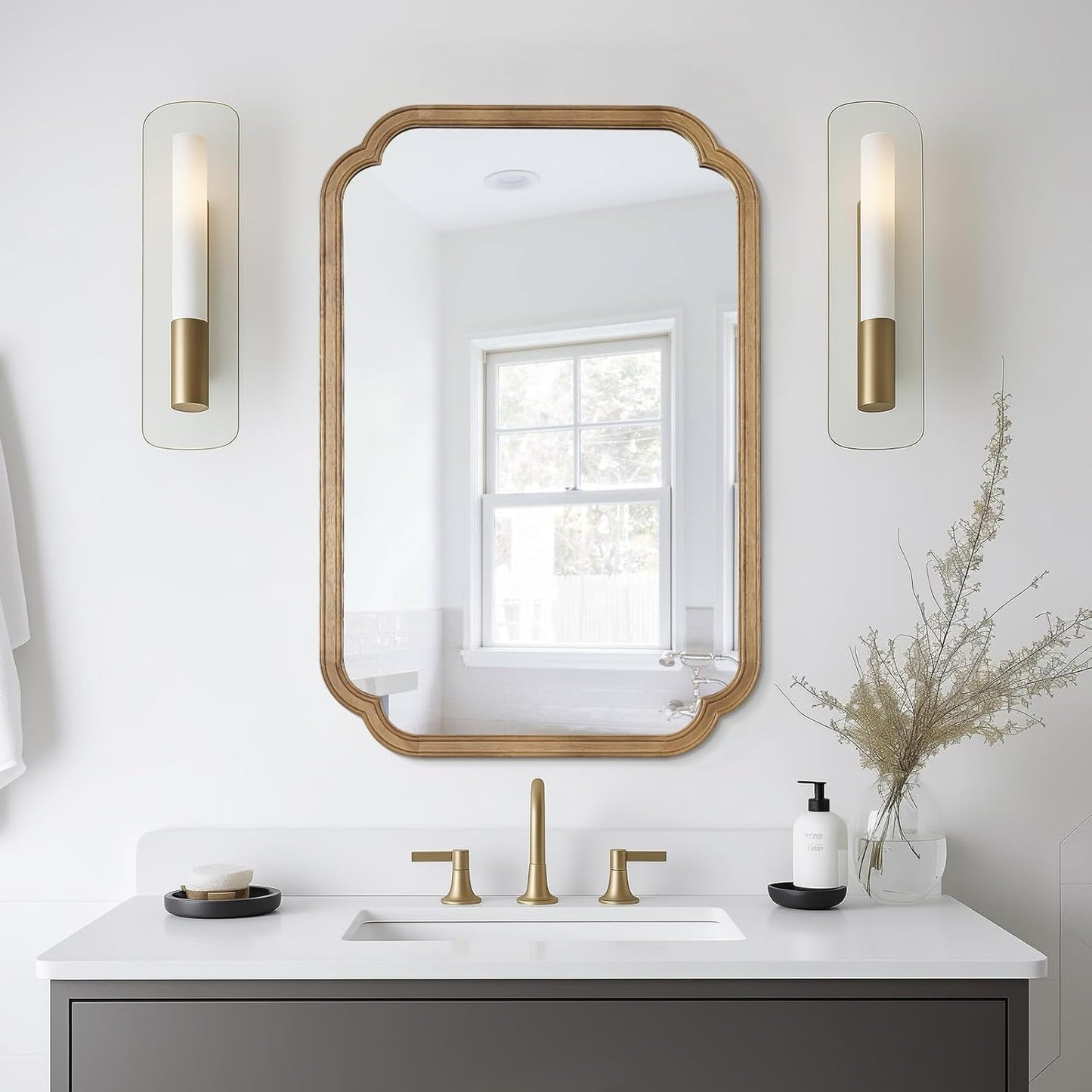 WallBeyond 24" x 36" Rounded Corner Arch Wall Mirror with Wood Frame for Entryway, Living Room or Bedroom Home Decor - Light Woodgrain, Honey-Colored