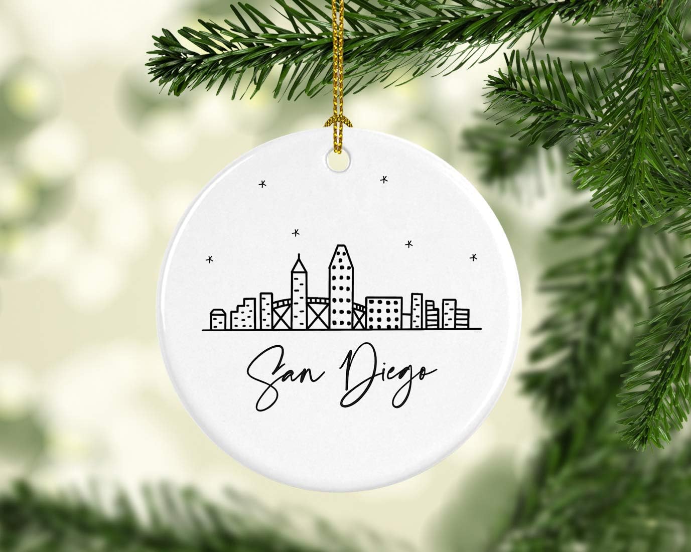 Andaz Press Round Ceramic Porcelain Christmas Tree Ornament Keepsake, San Diego Black and White Stars City Skyline Graphic, 1-Pack, Birthday Gift Idea for Family, Coworker, Him, Her, Includes Gift Box
