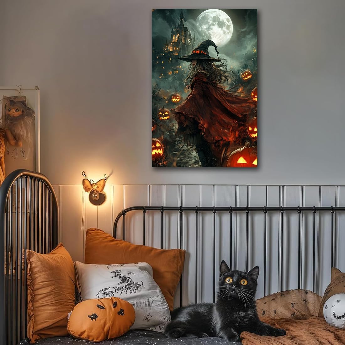 Dark and Moody Gothic Witch Poster Wall Art,Vintage Rustic Witch in Cloak with Castle Pumpkin Road Dark Gothic Poster,Goth Spooky Season Halloween Prints for Fantasy Office,20"x30" Framed