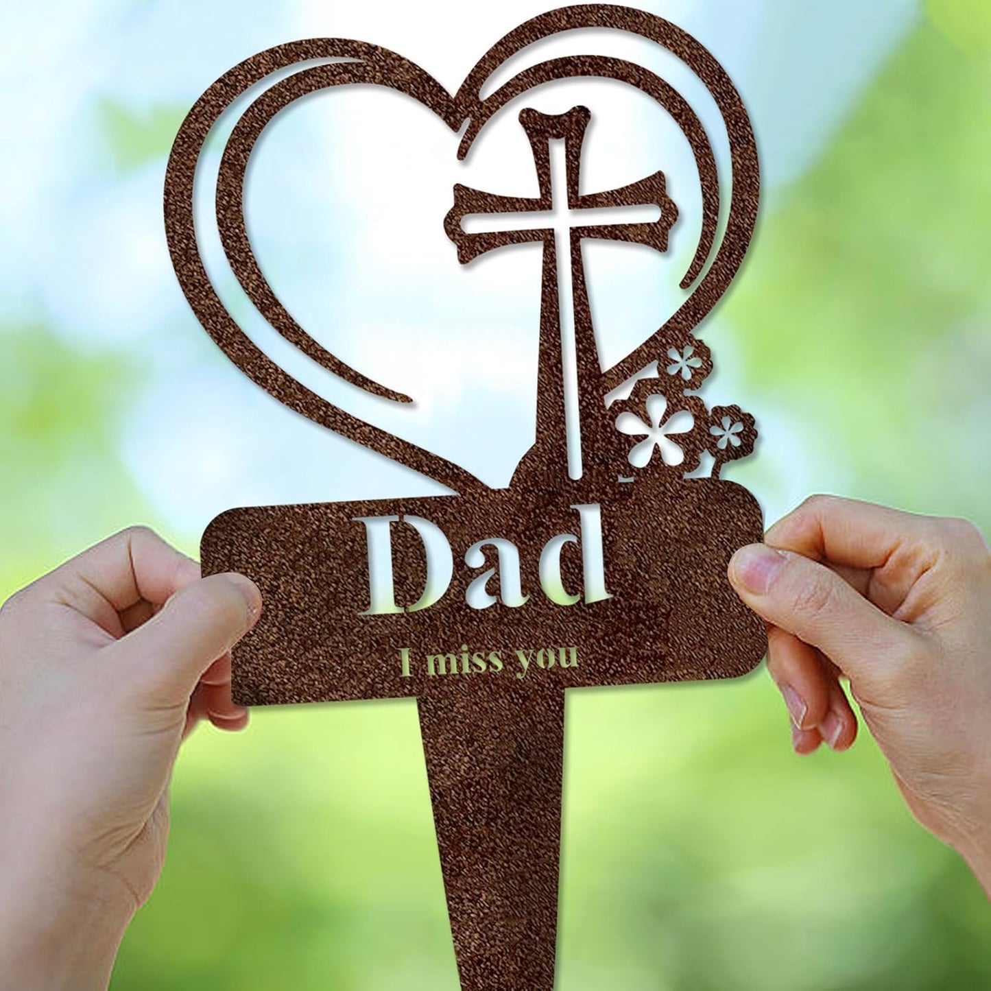 Dad Memorial Grave Stake, Cemetery Decorations for Grave Markers 12.5 x 7.2 inch Heart Metal Sympathy Stakes Graveside Plaque Decor Sign for Father Graves, Yard, Garden - Rust-Dad