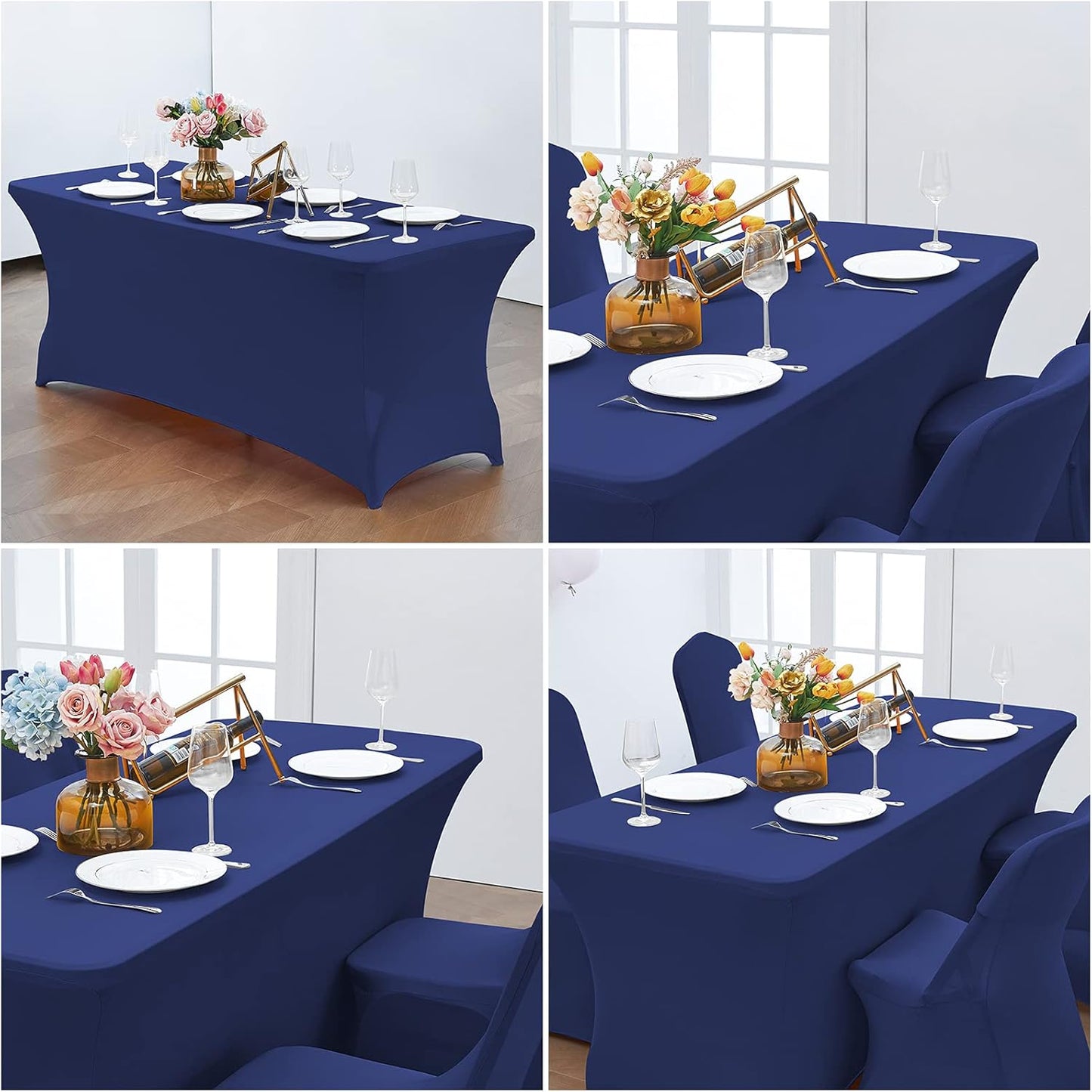 CWK 6FT Waterproof Stretch Spandex Table Cover for Rectangular Tables - Elastic Fitted Tablecloth for Folding Tables,Wrinkle Resistant Table Cloth for Parties, Weddings, Banquets & Events (Blue)