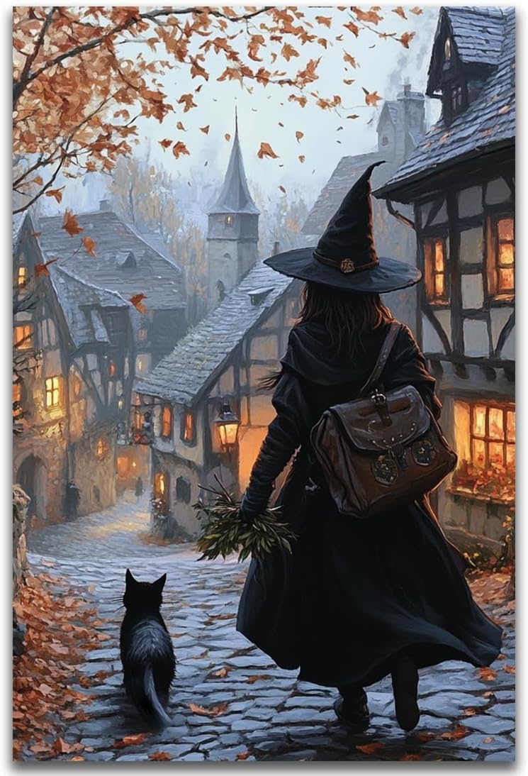 Autumn Witch And Black Cat Picture Wall Decor,Halloween Canvas Vintage Rustic Wall Art,Preppy Bedroom Living Room Bathroom Poster Print,24"x36" Unframed