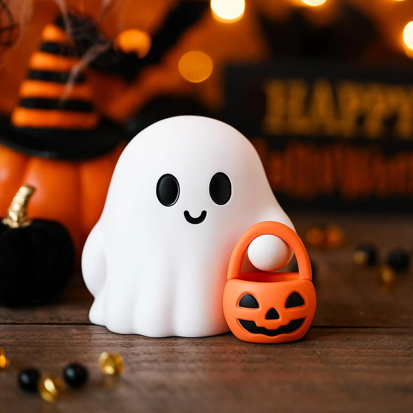 3 Pcs Halloween Ghost Figurine Ghost Resin Halloween Statue Cute Spooky Carrying Pumpkin Basket Designs Spooky Desk Display Ornament for Home and Office Tabletop Art Decoration