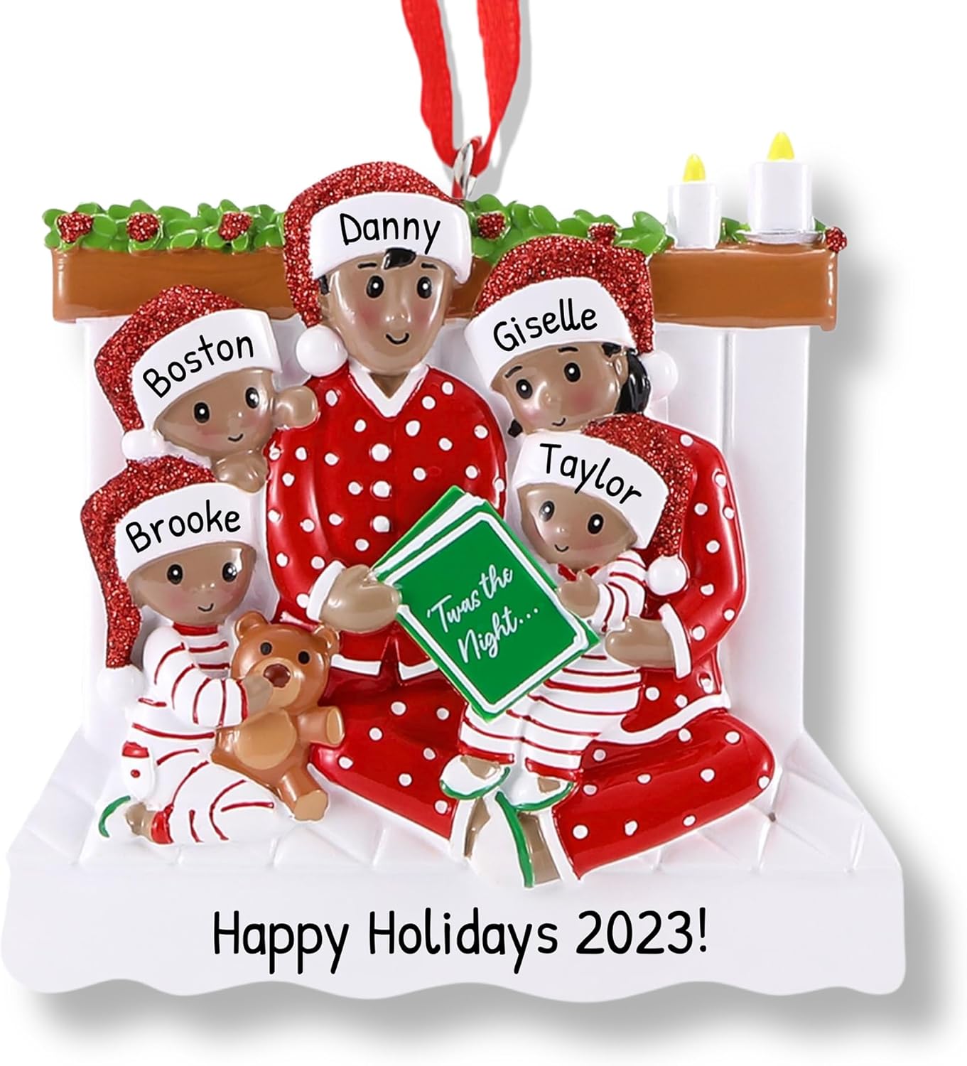 African American Bedtime Reading Family of 5 Christmas Ornament 2025 Personalized Family Christmas Ornaments 2025 | Black Book Night Personalized Tree Ornaments Matching Pajamas of Five Ornament Gifts