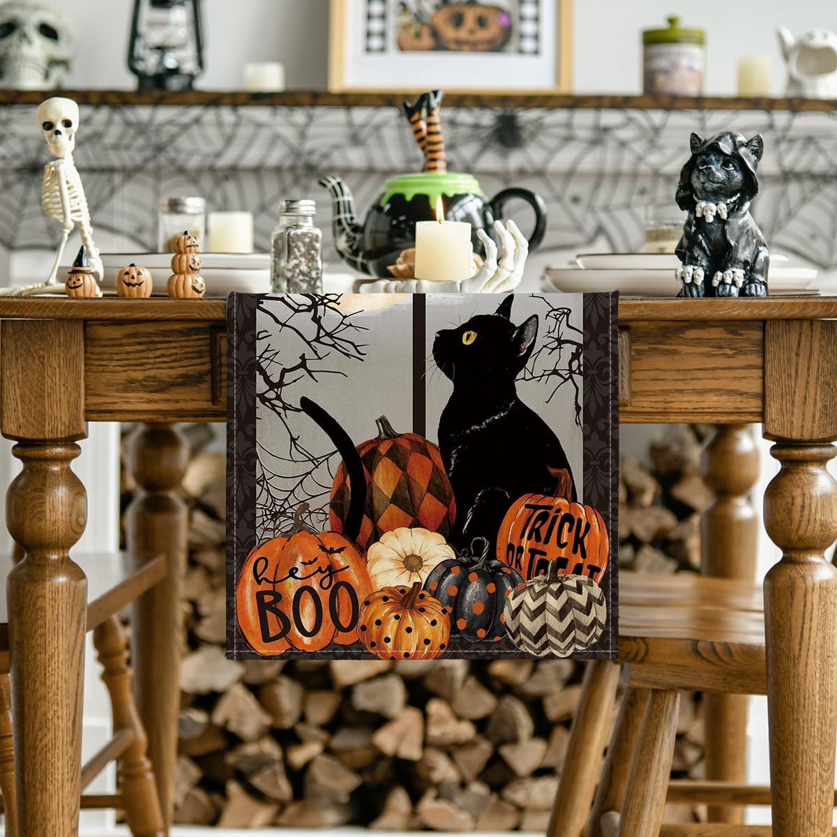 Artoid Mode Black Cat Pumpkins Boo Halloween Table Runner, Trick Or Treat Seasonal Kitchen Dining Table Decoration for Home Party Decor 13x48 Inch