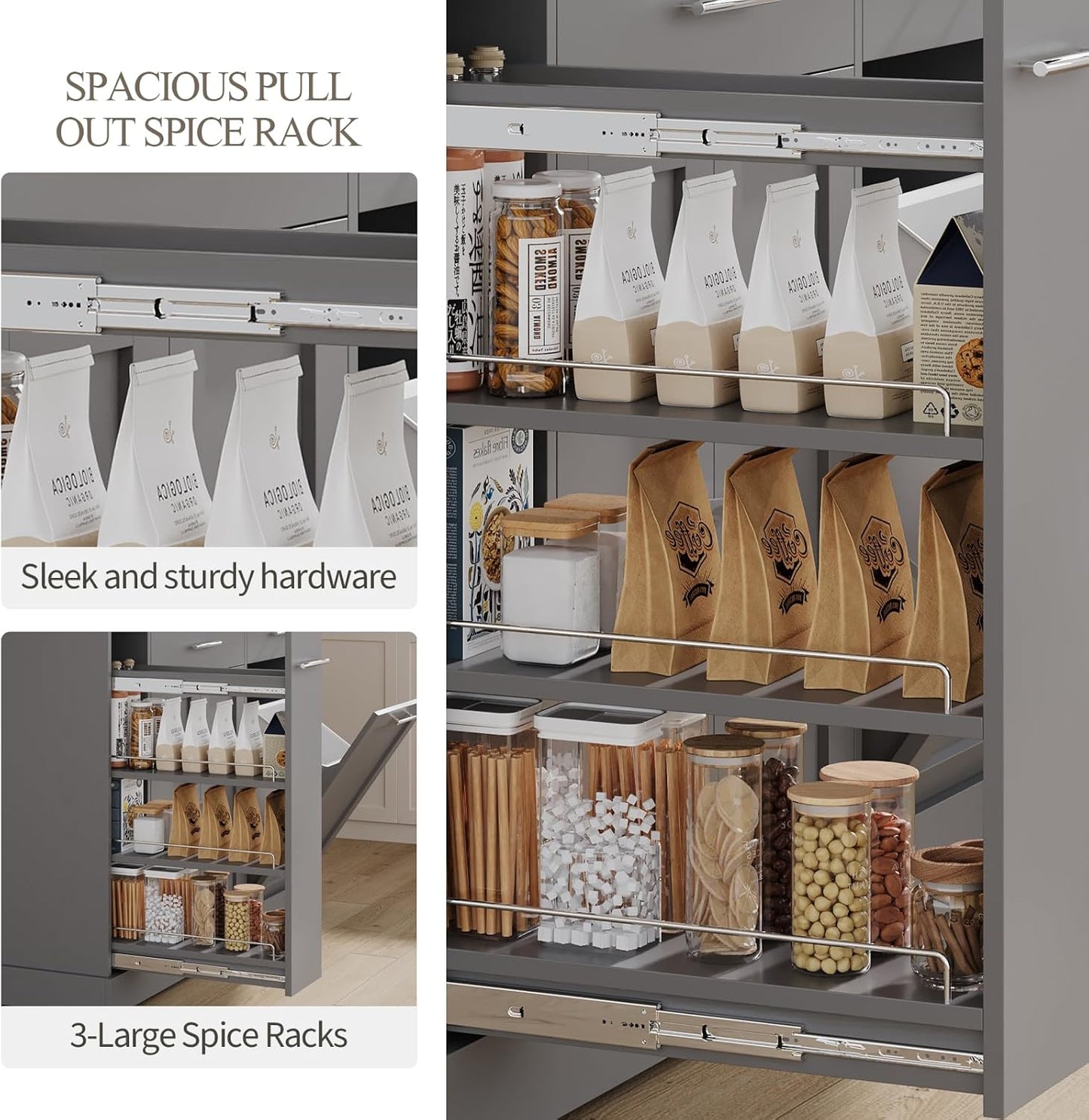 4 EVER WINNER Kitchen Island with Trash Can Storage, Kitchen Islands on Wheels with Marble Countertop, Portable Island Cart for Kitchen, Gray