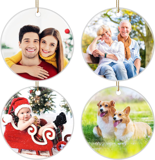 4 Pack Personalized Christmas Ornaments 2025 Ceramic Custom Photo Text Hanging Ornament for Christmas Tree Decorations, First Christmas Engaged/Married, New Home, Baby's First Christmas, Memorial