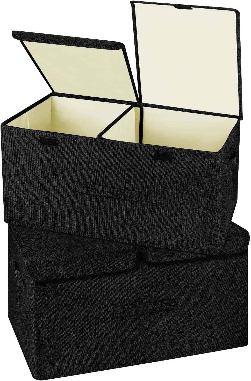 2 Pack Large Linen Fabric Collapsible Storage Bins with Lid and Handles, Washable Storage Box Baskets Cube with Removable Divider for Bedroom,Closet,Office,Living Room,Nursery (Black, Large)