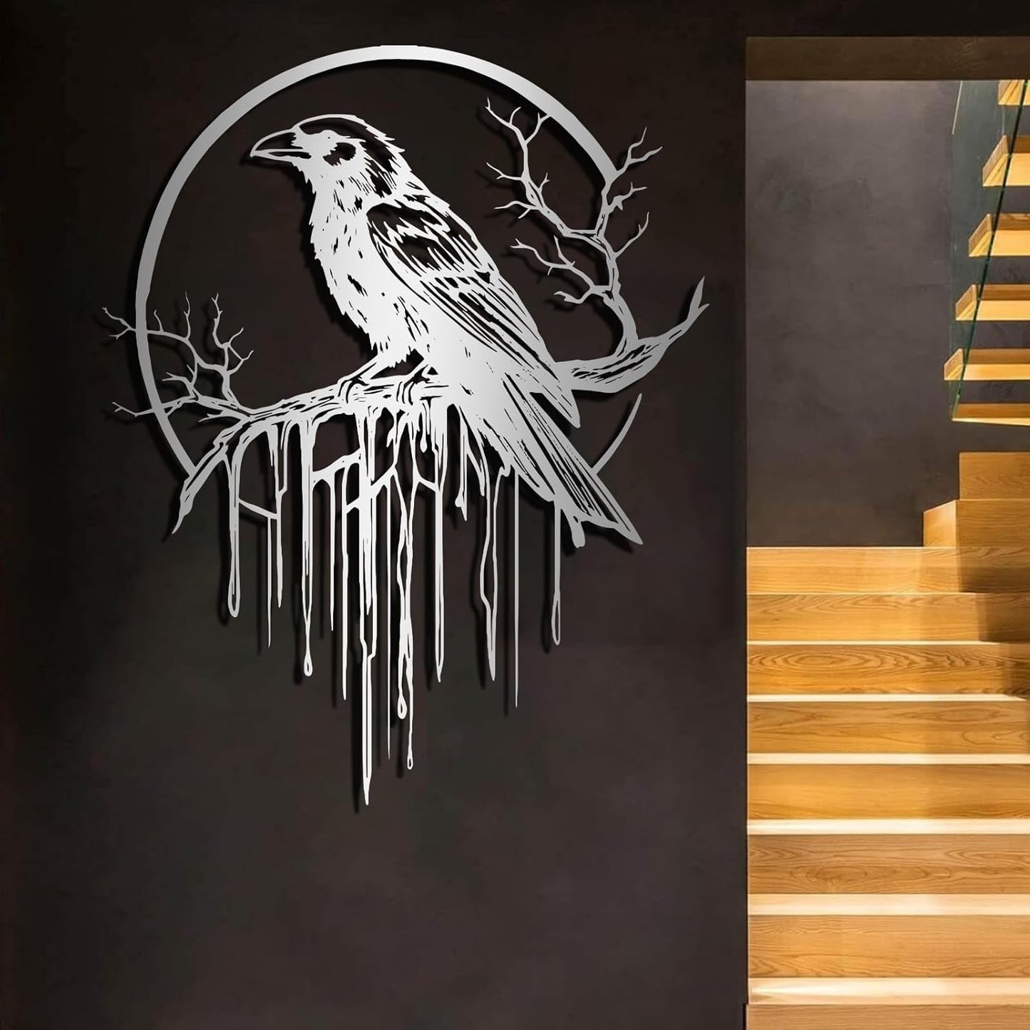 Crow Metal Wall Decor, Raven Wall Art, Large Gothic Raven Decor Hangings, Bird Wall Decor, Metal Tree Branch Decor, Ravens Sign, Raven Art for Living Room (Gold, 35"x28" | 90x72cm, metal wall art)