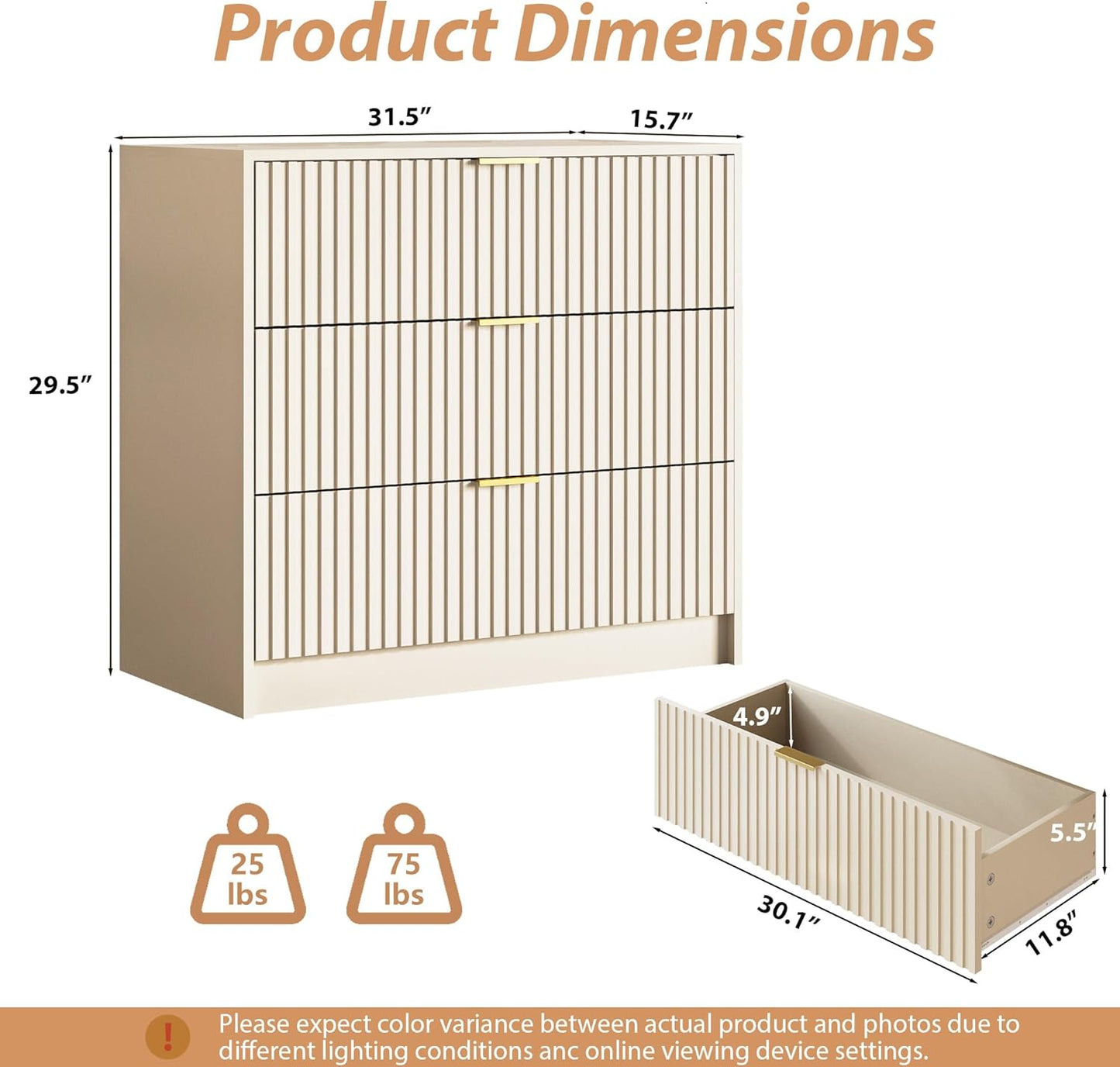Fluted Dresser for Bedroom, 32 Inch Wide Nightstand with Large Drawer, 3 Drawer End Table for Bedroom, Living Rooms, Offices, and Entryways, Beige