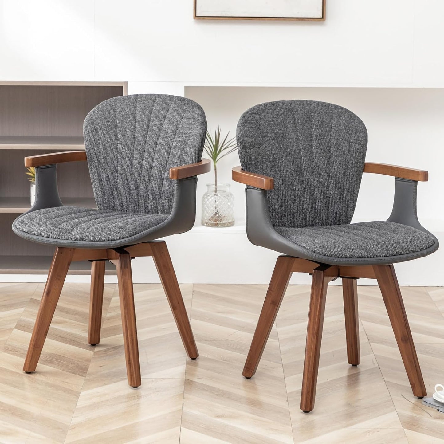 LUNLING Swivel Dining Chairs, Mid Century Modern Gray Fabric+Faux Leather Kitchen Chairs with Arms,Bamboo Legs Side Chairs No Wheels,Accent Chair for Dining Rooms and Offices(Gray Fabric,1PCS)