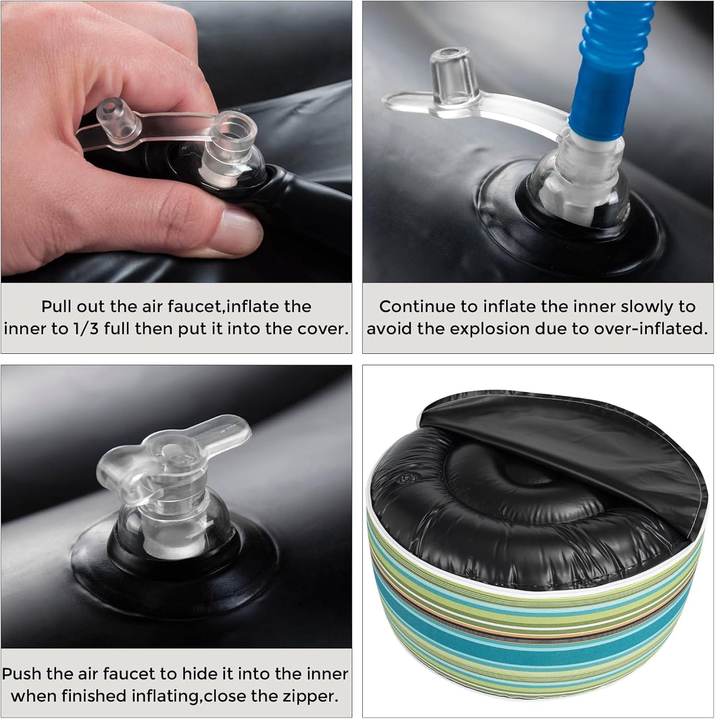 FUNHOME Inflatable Outdoor Ottoman with Air Pump,20"x9" Portable Patio Pouf,Water Resistant,Fade-Resistant,Round Blow Up Footrest Stools for Home Garden Camping Travel(Green Stripe)