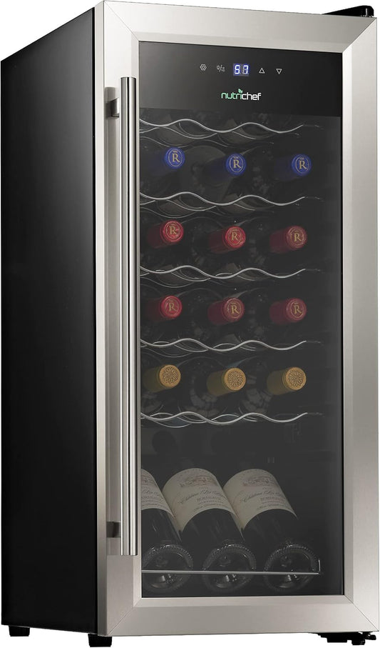 NutriChef PKCWC18 Slim Wine Fridge 18 Bottle Mini Beverage Chiller Adjustable Temp Control, 30x13x17 IN, Black