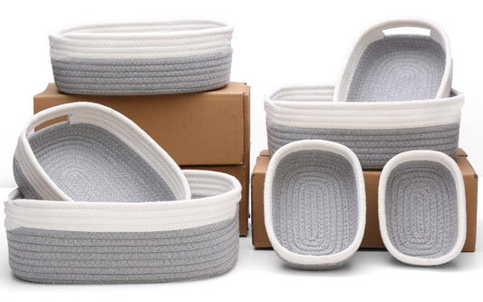 7 Piece Cotton Rope Woven Basket Set - Small Basket for Baby Nursery, Pets, Montessori, Dog & Cat Toy Boxes, Bathroom Organization Bins (White/Gray)