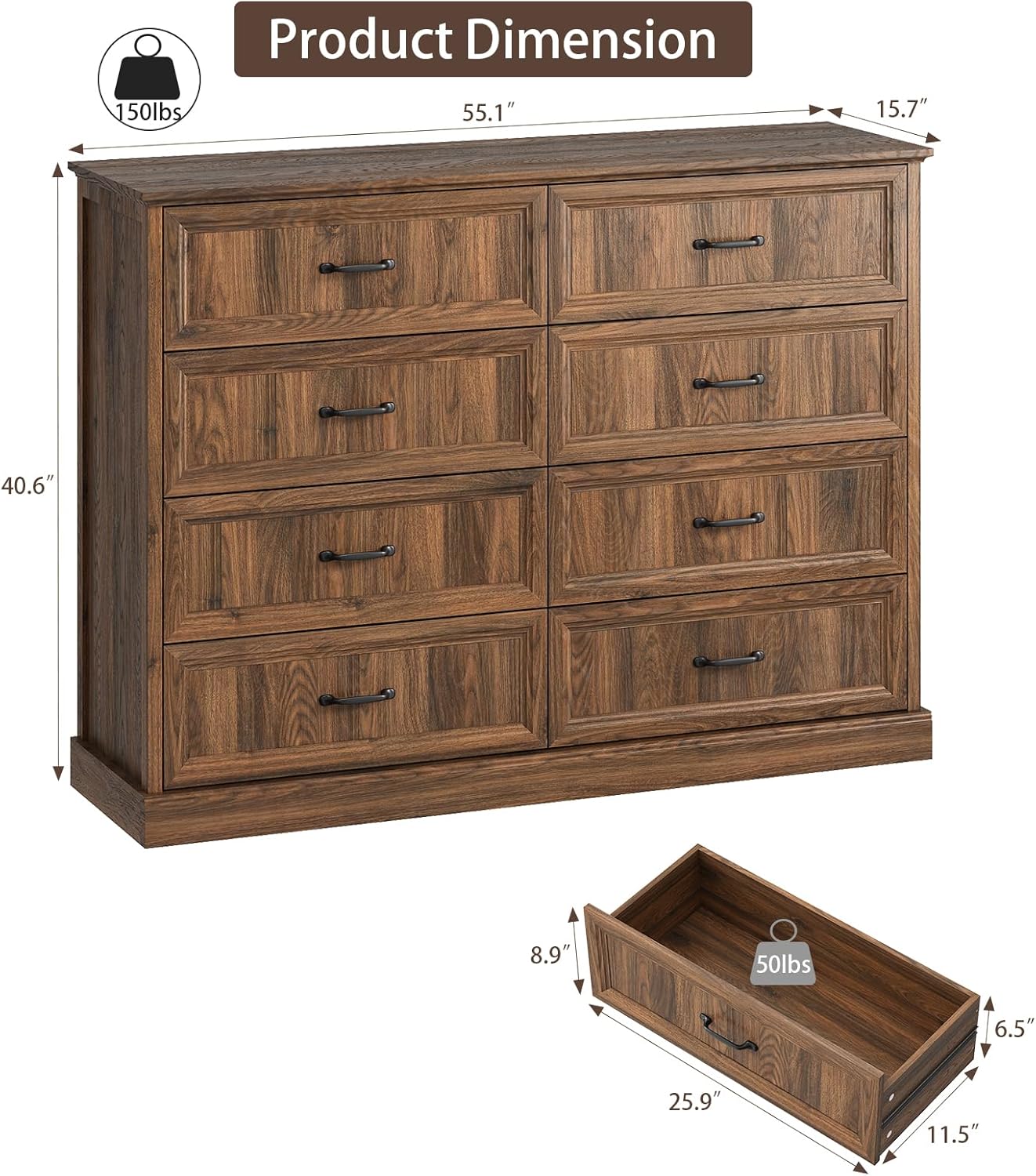 Farmhouse 8 Drawer Dresser for Bedroom, 55 Inch Wide Modern Walnut Dresser TV Stand with Large Drawers & Bar Handles, Rustic Wood Chest of Drawers for Bedroom, Living Room, Hallway, Entryway.