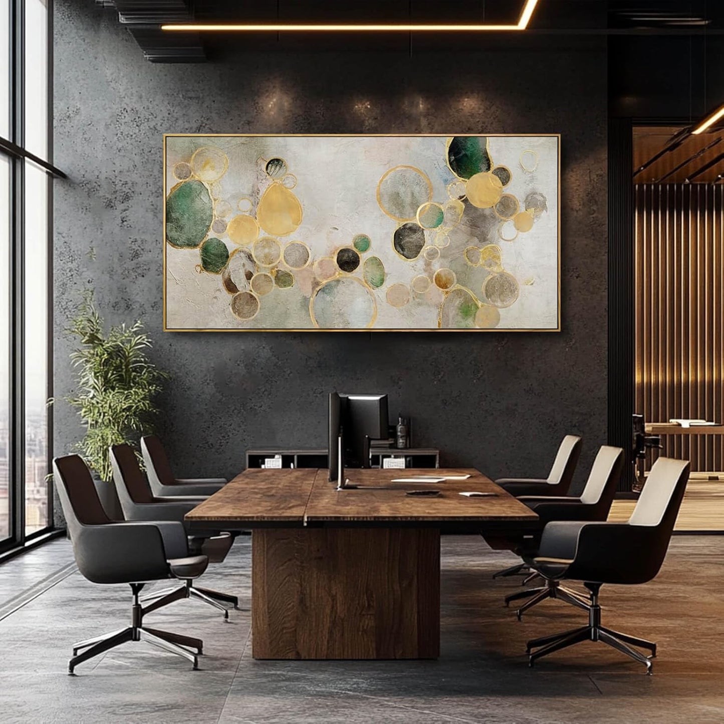 Abstract Canvas Wall Art Gold Circle Painting Green Artwork Framed Wall Prints 29"x 58" Office Wall Decor Colorful Pictures for Living Room Bedroom