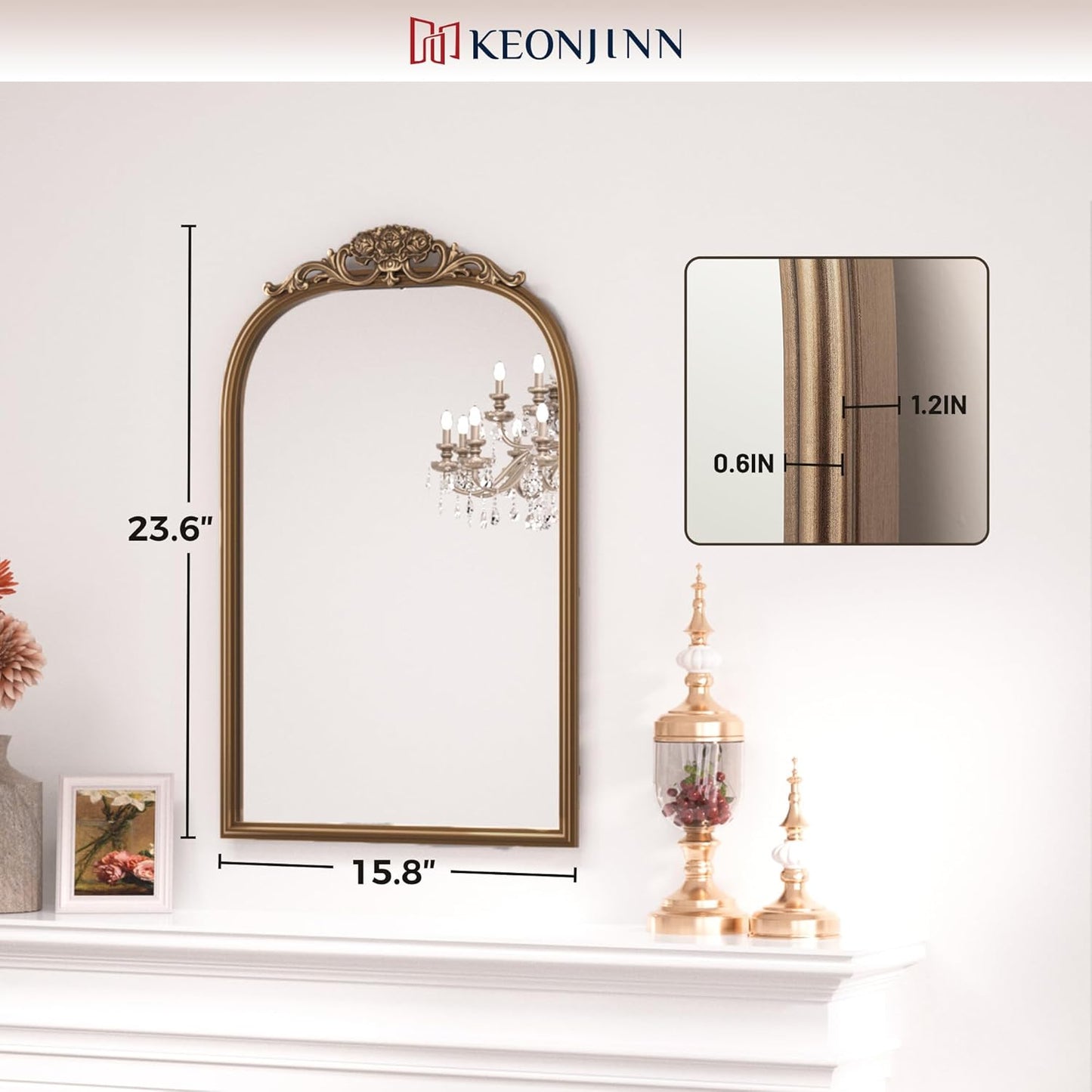 Keonjinn Gold Vintage Arched Mirror for Wall, 16" x 24" Brass Mirror with Metal Frame, Ornate Baroque Decoration for Mantle, Living Room, French Cleat Mounting