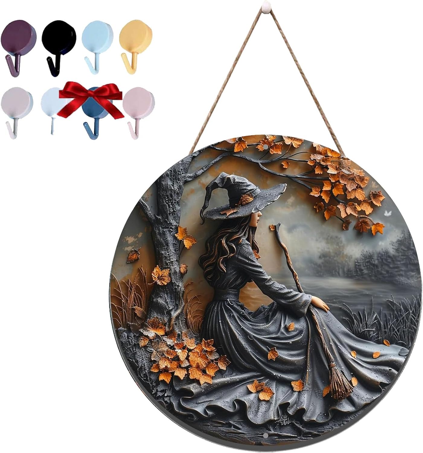 Fanyil/Olygee/Sherum/Shirem/Pubyfun/Glosrity/Libilin/Graddi/Solymody/Gowebs/Goredny/Vianys Witching Hour, Door Way Hanging Decor Halloween, 2D Wooden Round Witches Sign (B, 11.8")