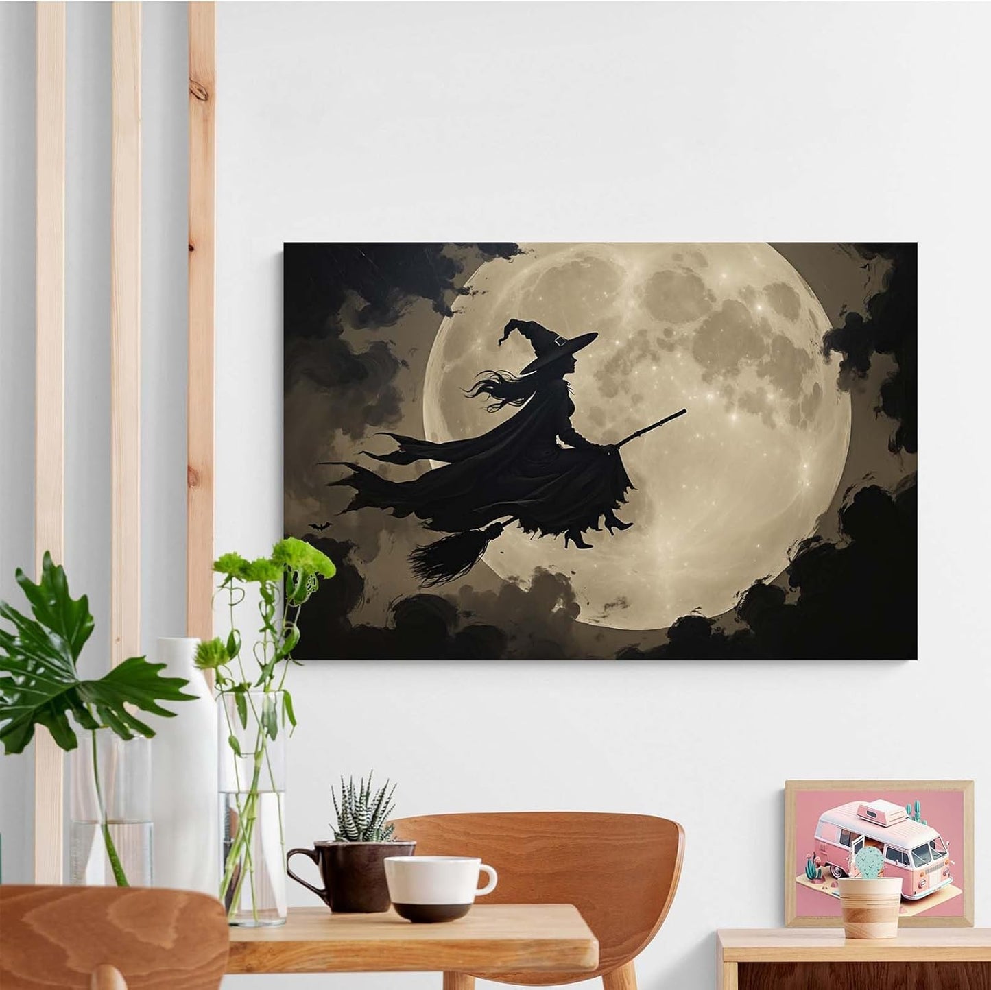 Full moon witch silhouette poster witch on magic broom Halloween mural poster decorative mural art suitable for home living room bedroom8x12in Wood Framed