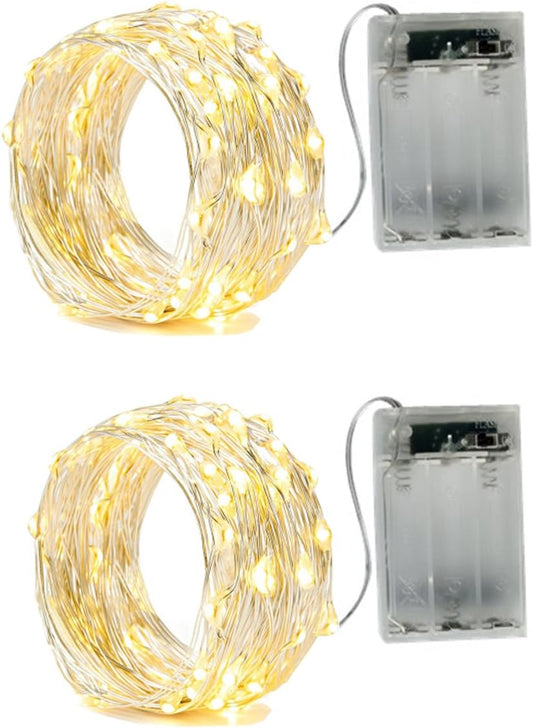 2 x 50LEDs Fairy Lights Battery Operated, Silver Wire 2 Mode Chains String Lights for Bedroom Christmas Party Decoration (Warm White, 16.4)