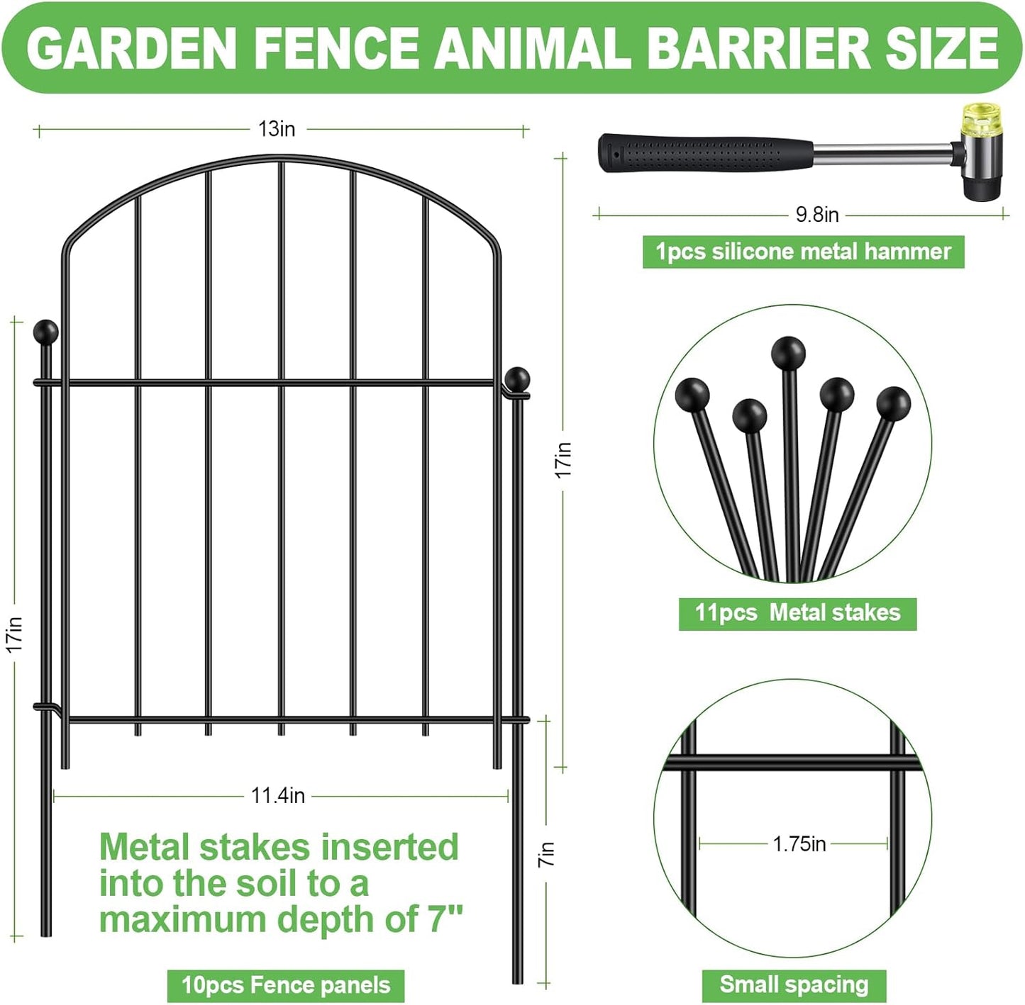 Decoration Garden Fence 17in x 10ft, 10 Pack Rustproof Metal Animal Barrier Fence, Arched Flower Bed Edge Decorative Rabbit and Dog Ground Defense No-Dig Fence for Patio Patio Outdoor