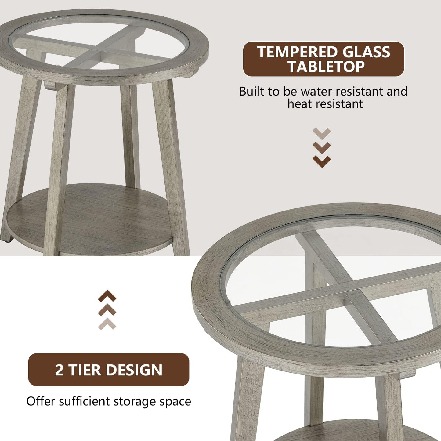 COSIEST 2-Tier End Table with Tempered Glass Top, Round MDF Side Table with Storage Shelf, Modern Wood Accent Table for Bedroom Living Room Home Office, Antique Silver