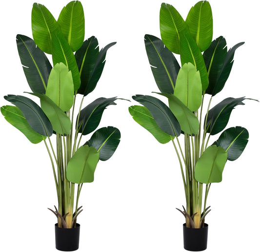 Artificial Bird of Paradise Plant 7Ft Fake Tropical Palm Tree with 17Trunks Faux Banana Leaf Trees in Pot for Home Indoor Outdoor Office Modern Decor Housewarming Gift（2pcs）