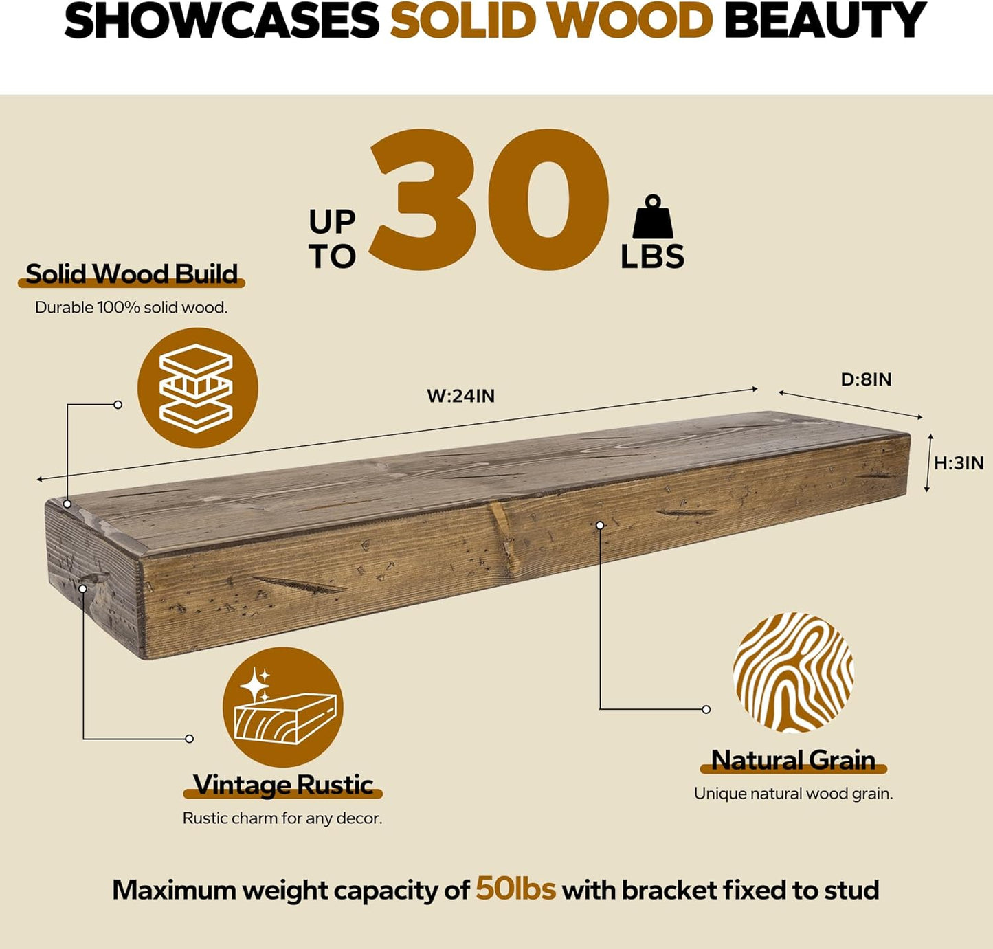 Floating Shelves 3 inch Thick for Wall Set of 2,Solid Pine Wood Wall Mount Shelf for Kitchen Living Room Bedroom Bathroom,8" D x 24" L x 3" H-Distressed Black Walnut