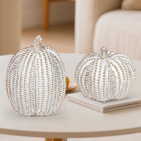 2Pcs Halloween Pumpkin Artificial Resin Pumpkins Decor for Mantel Harvest Autumn Tabletop Decoration Gold Fall Pumpkin Decorations Thanksgiving Table Centerpieces (Set A, ONE Size)