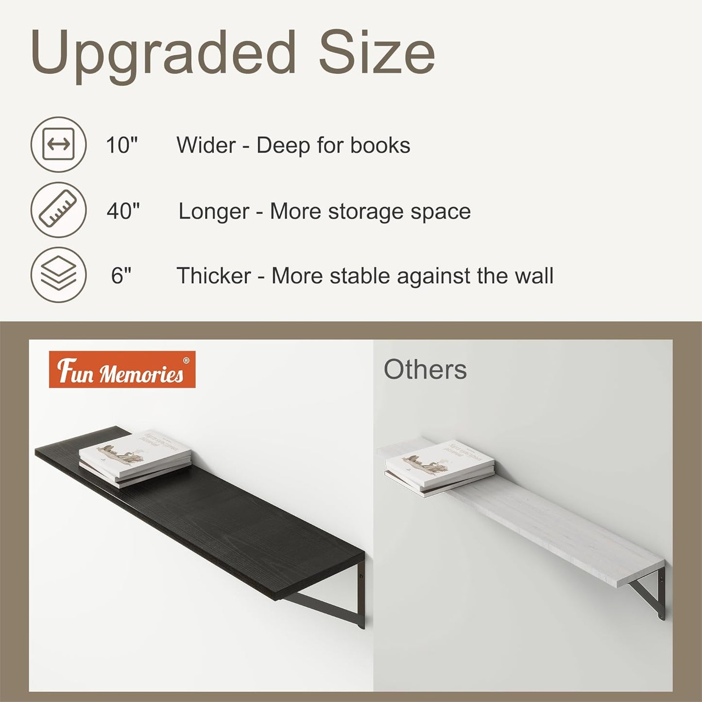 Fun Memories 40 Inch Floating Shelves, 10 Inch Deep Wall Shelf, 40 x 10 Floating Shelf Set of 2, Black Wood Floating Shelf Wall Mounted, Large Kitchen Living Room Bedroom Storage Shelves