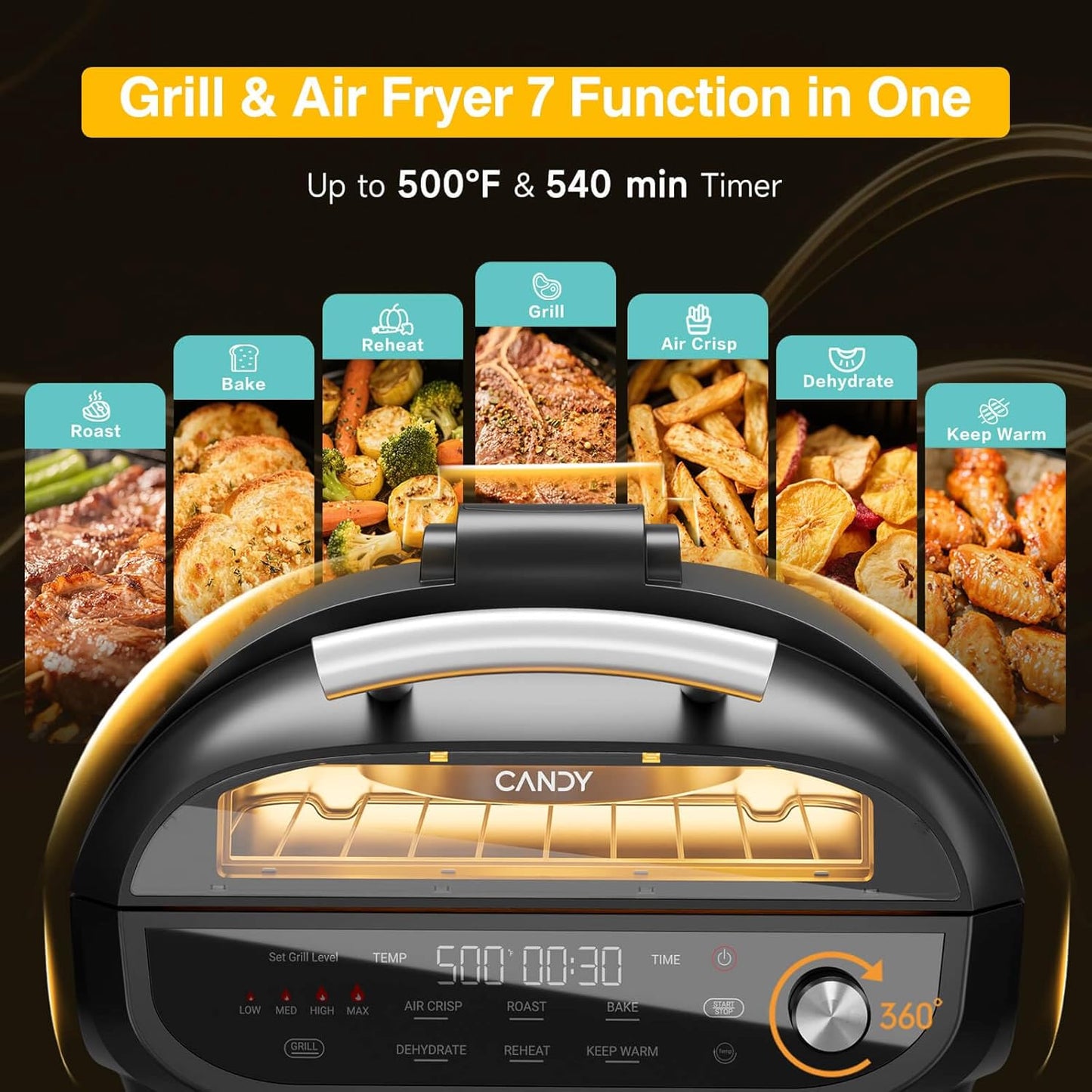 Indoor Grill and Air Fryer Combo with Ceramic Accessories, 7-IN-1 Digital Display, 5.2 QT Electric Smokeless, 500°F Max, Large View Window, Roast, Bake & Dehydrate, Adjustable Temps, Easy Clean