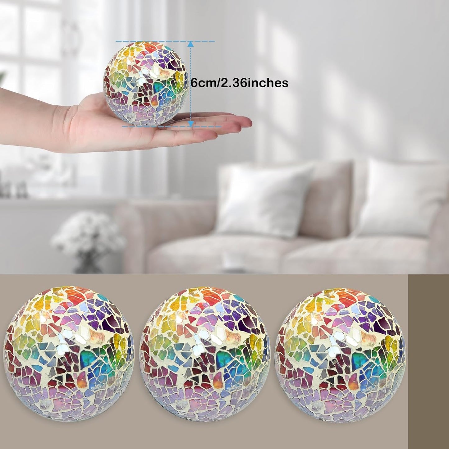 6pc Decorative Ball Set - 6cm Mosaic Glass Orbs Centerpiece Balls for Decorating Bowls, Vases, Tables & Wedding Parties (Colorful)