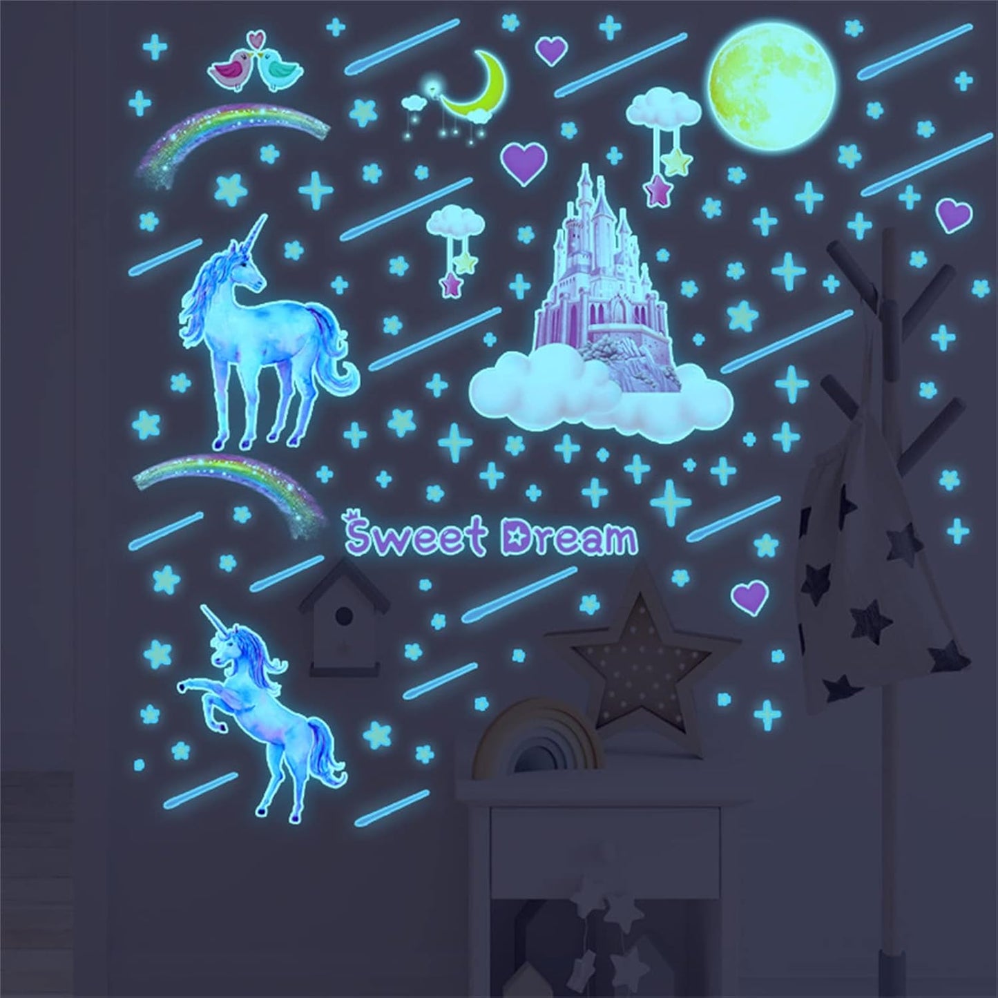 Glow in The Dark Unicorn Castle Wall Decals,Peel and Stick Colorful Unicorn Wall Stickers with Moon Stars Sweet Dream Wall Art for Girls Kids Bedroom Nursery Party Home Decor(Blu-ray)