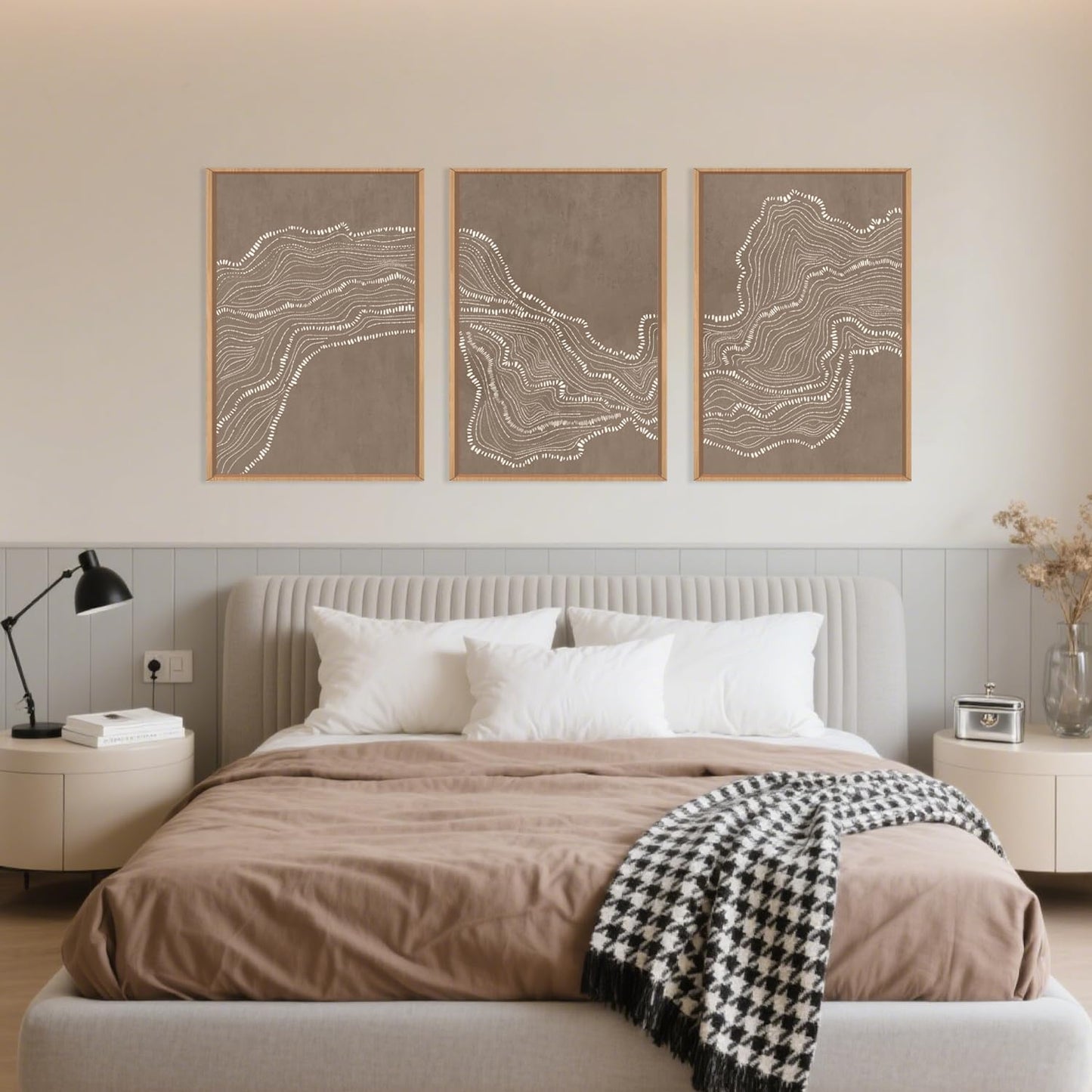 Geometric White Tan Wave Framed Canvas Wall Art Set, Abstract Line Art Painting, Modern Minimalism Wall Decor, Neutral Art Print for Living Room, Bedroom, Dining Room, Office - 16"x24"x3