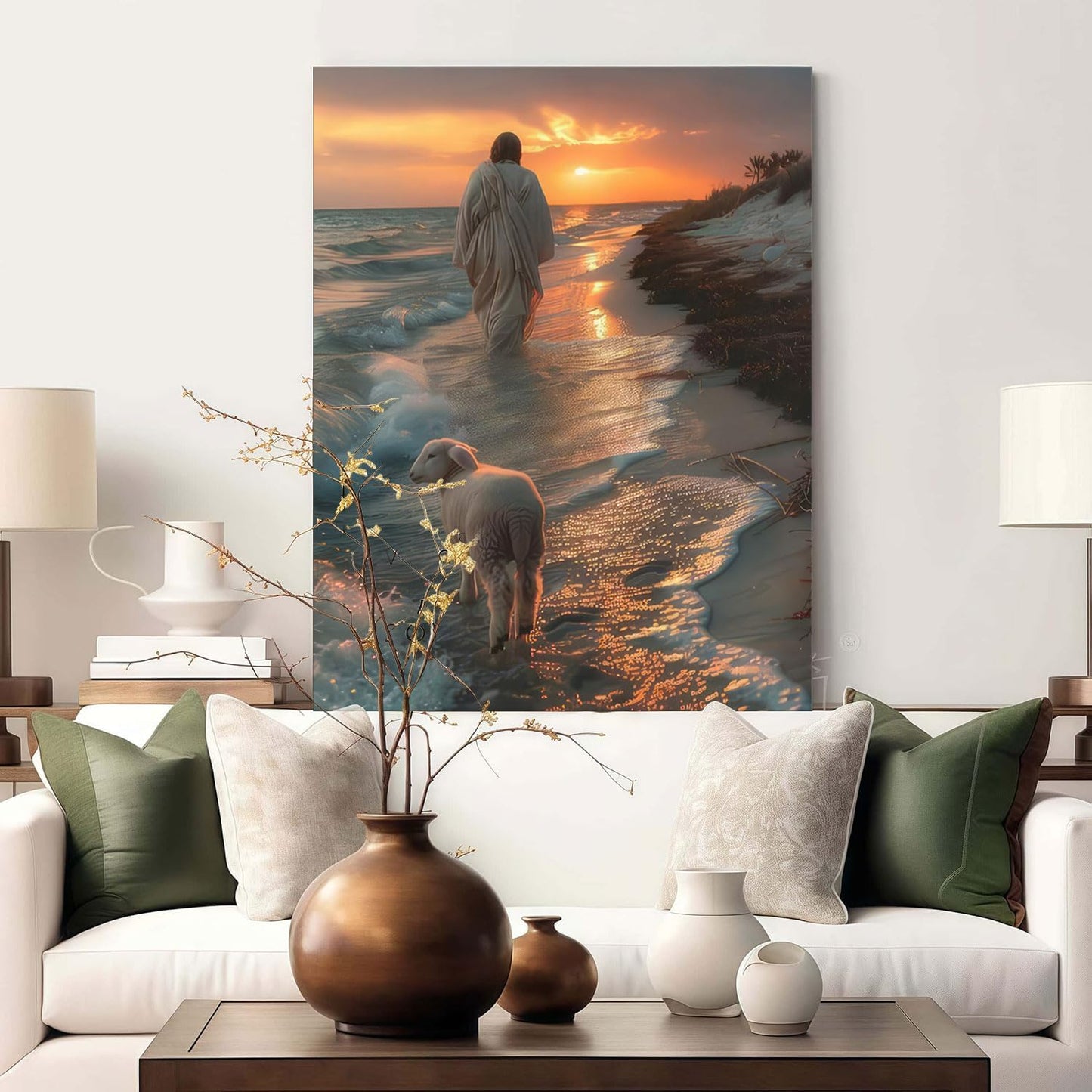 Framed Canvas Jesus and the Lamb Walking on the Beach Wall Decor Wall Art Gallery Decor Unique Print Wall Decor for Living Room Bedroom Church Home Decor 16x24 Inch Ready to Hang