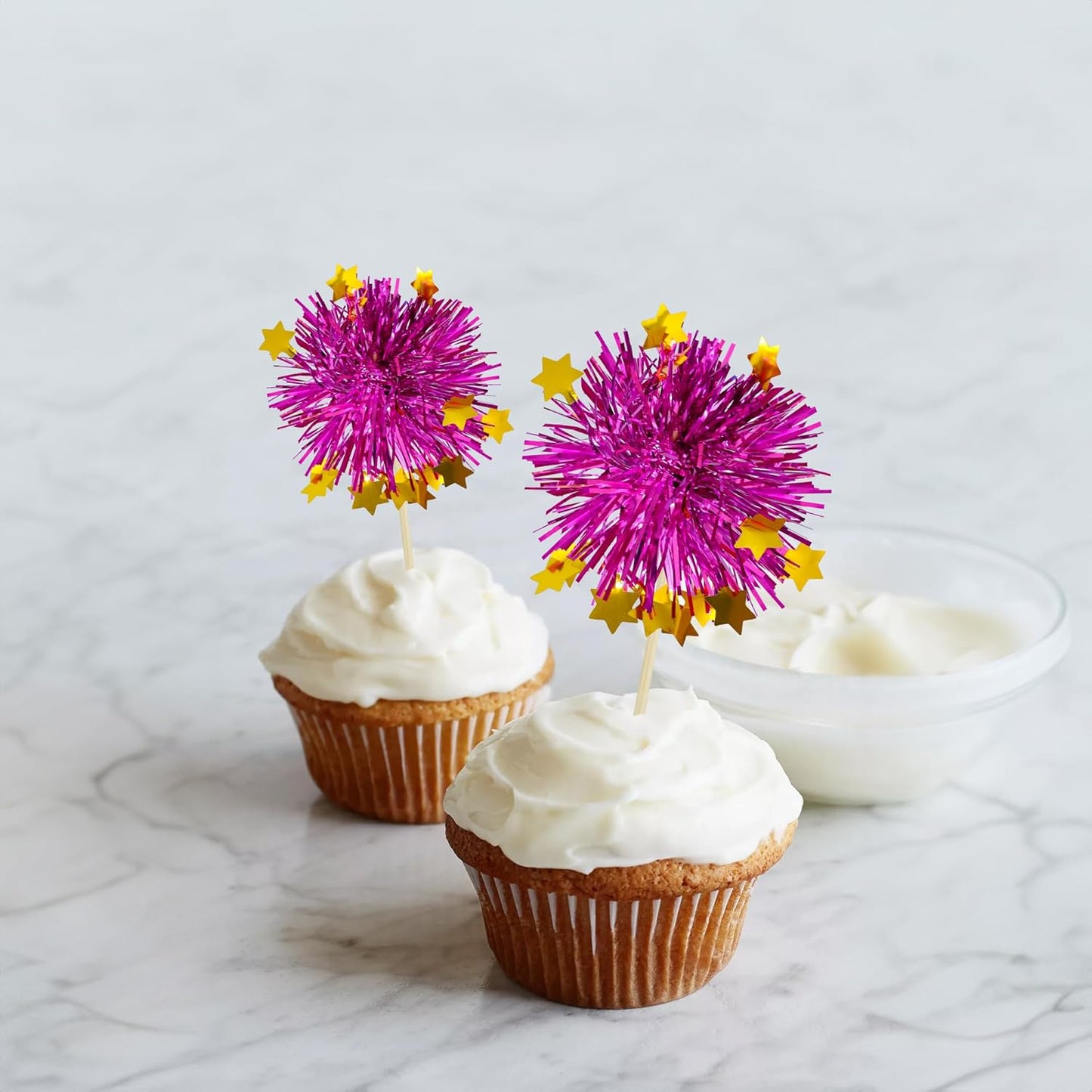 Ephlyn 30Pcs Foil Firework Cupcake Toppers Party Birthday Cake Toppers Supplies Sparkle Tinsel Cocktail Fruit Toothpick for Birthday Wedding Graduation Party Purple