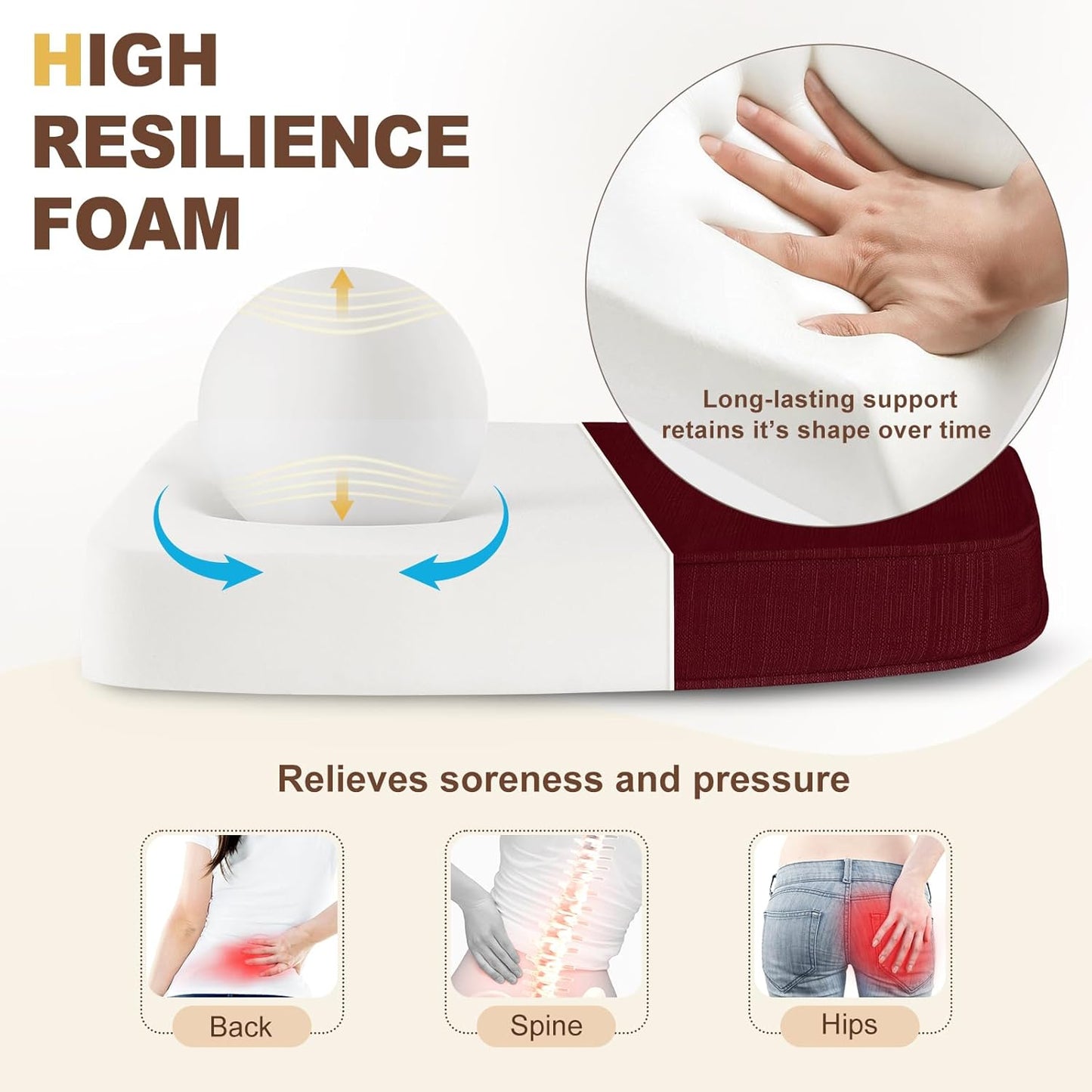 downluxe Chair Cushions for Dining Chairs, Waterproof Kitchen Chair Pads, Non-Slip Dining Seat Cushion with Ties, 17" x 16" x 2.5", Burgundy, 6 Pack