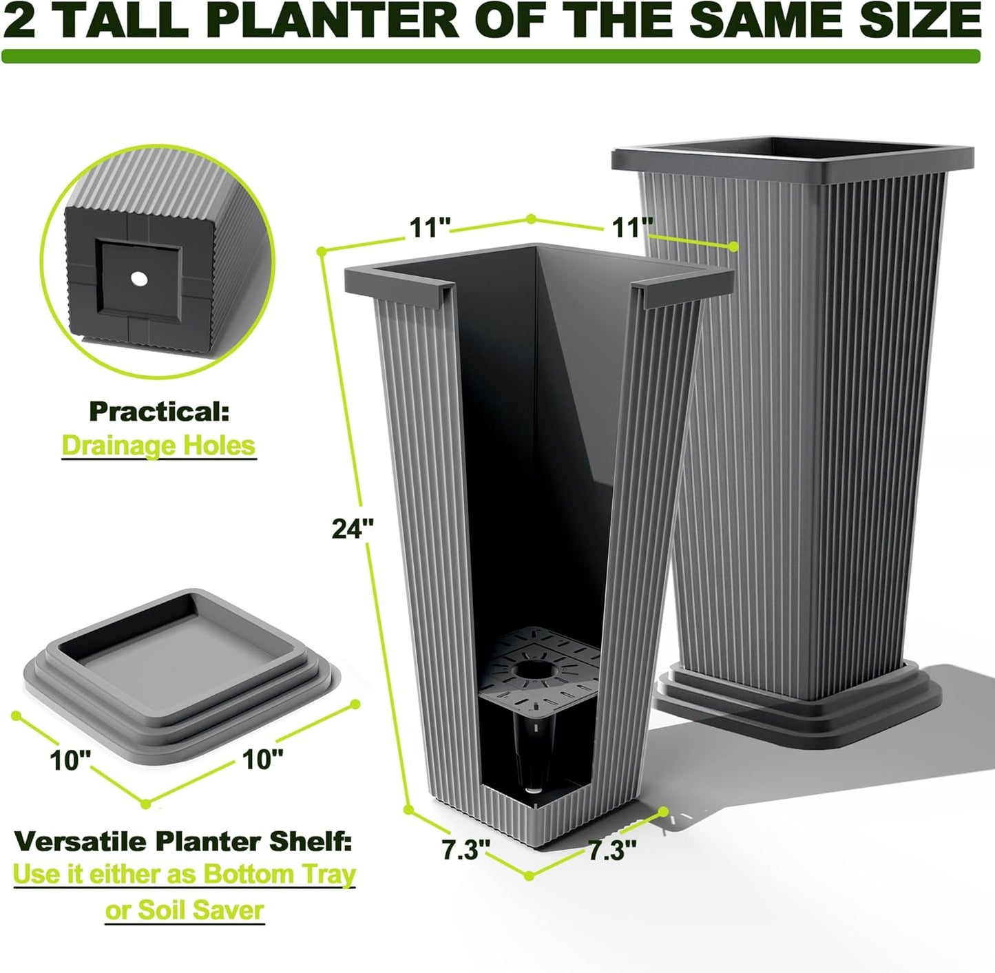 FENCY Set of 2 Tall Planters for Outdoor Plants, 24 Inch Large Tapered Pots with Drainage Trays, Weather-Resistant Plastic Plant Containers for Patio, Porch, Garden, Front Door Decor,Gray,Striped