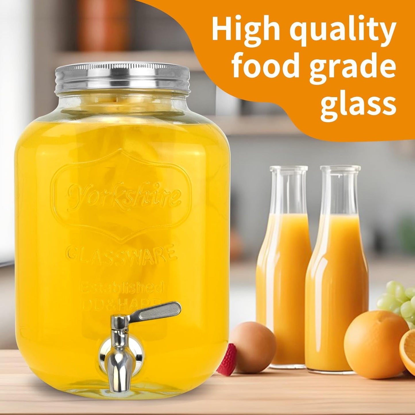 DD&HAPP Glass Beverage Dispenser With Stainless Steel Spigot,1.2 Gallon Mason Jar Drink Dispenser,Sun Tea,Lemonade & Juice Dispenser for Parties, Weddings & Events.Leak-Proof, Infuser Included.