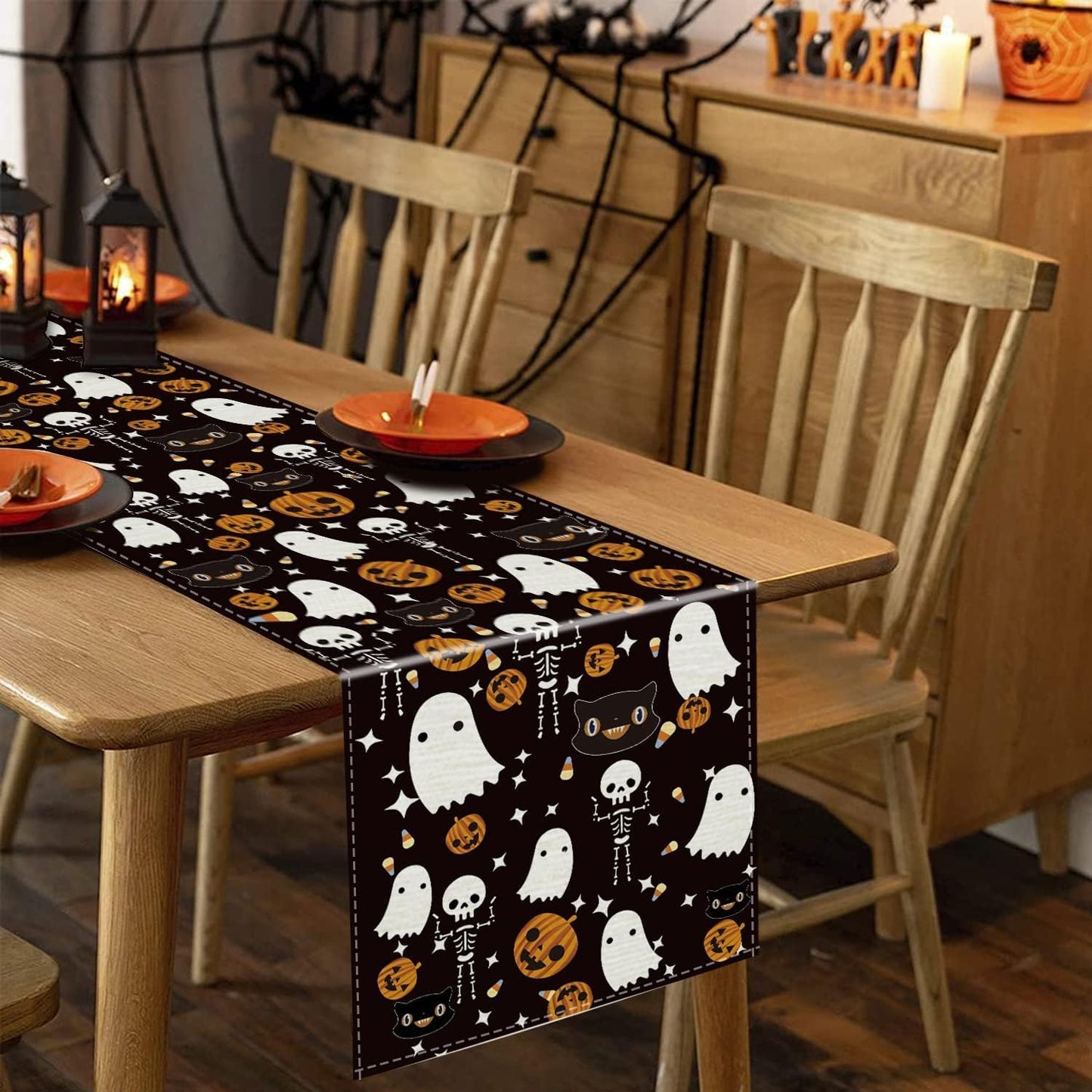 GAGEC Halloween Table Runner Black Cat Pumpkins Seasonal Kitchen Dining Table Home Outdoor Party Decorations (13'' x 36'')