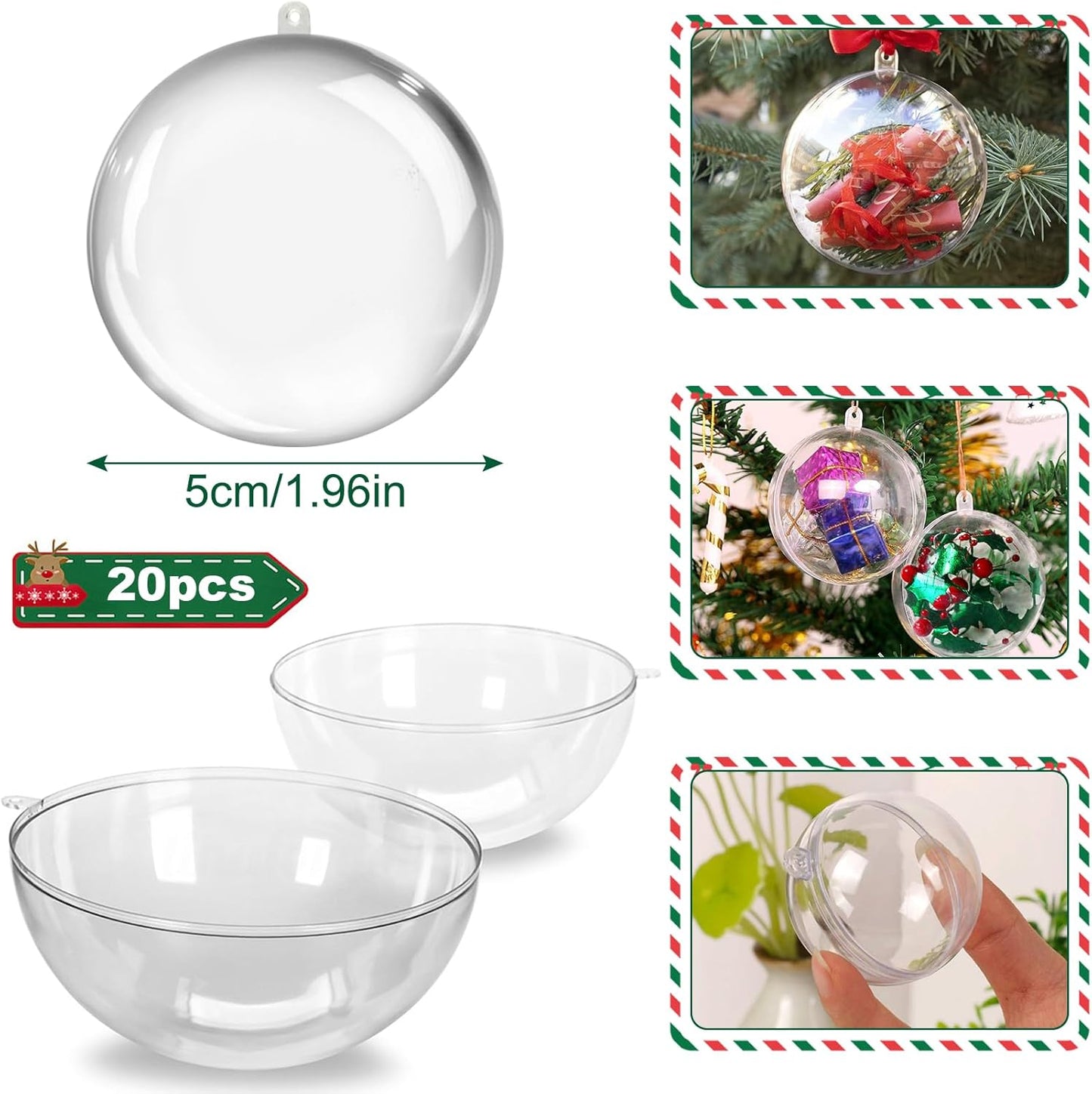 20PCS Christmas Ornaments,5CM Clear Plastic Ornaments Balls,Clear Christmas Ornament for Crafts,Acrylic Fillable Xmas Tree Ornament Balls for DIY,Wedding,Parclearty and Valentine's Day (S-5CM)